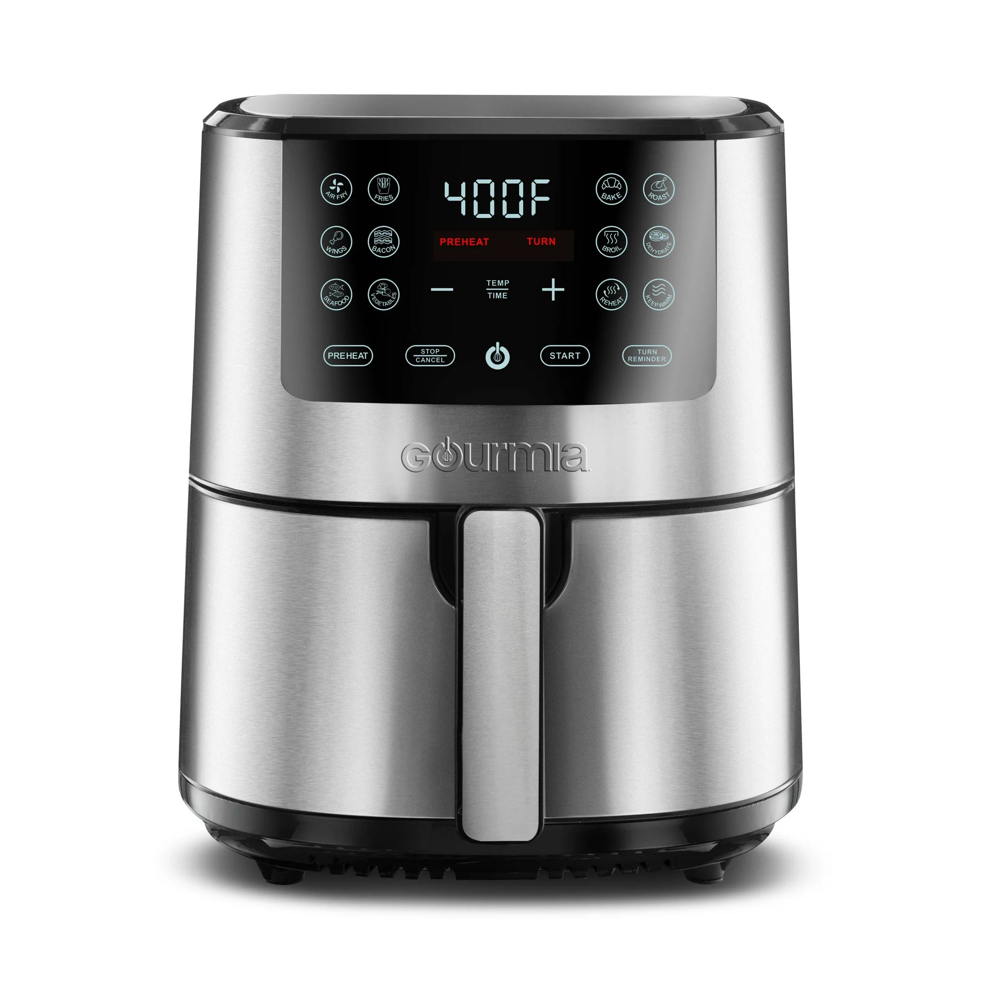 Gourmia GAF476 stainless-steel finish digital air fryer with one pull-out basket and angled control panel