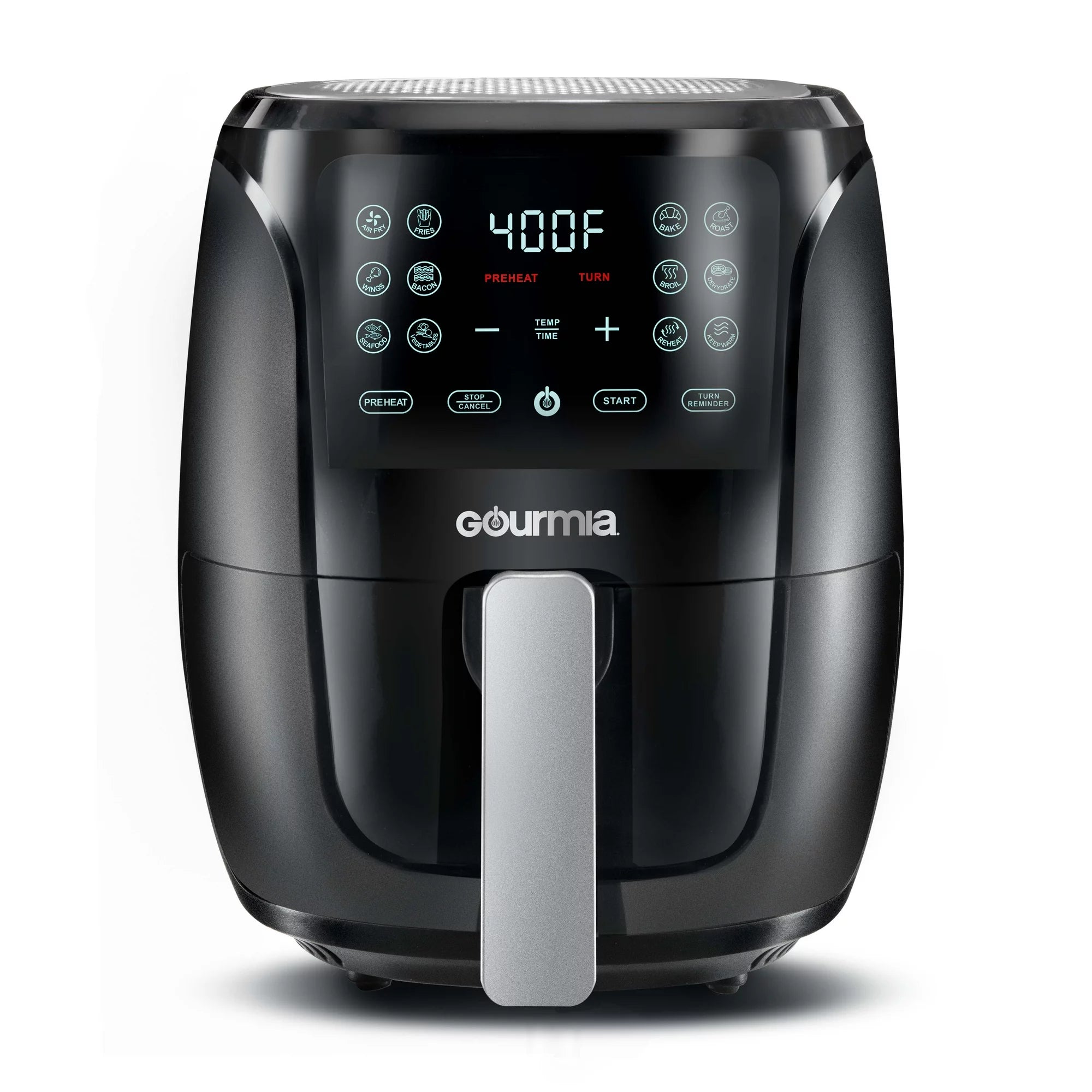 Gourmia GAF486 black finish digital air fryer with one pull-out basket and angled control panel