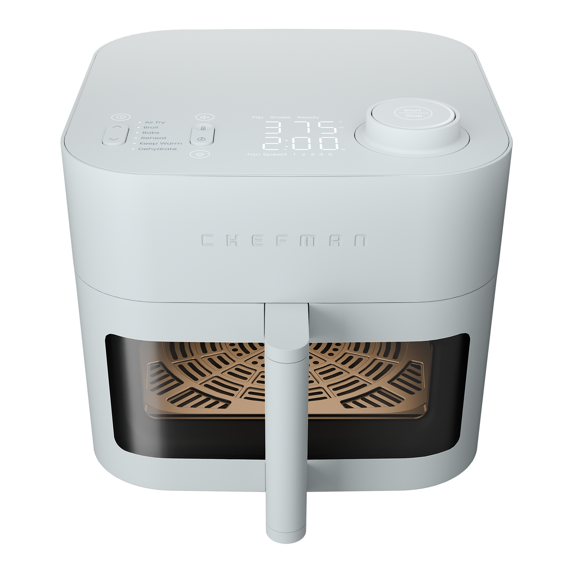 Chefman Crispinator 8-quart air fryer in Concrete finish, one pull-out basket with window, rack and digital top controls