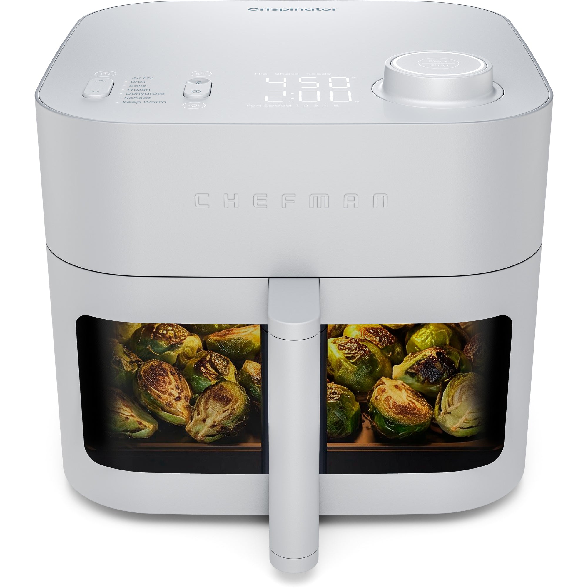 Chefman Crispinator C38-8W7-1 in Concrete finish, one windowed pull-out basket with digital top controls listing Frozen