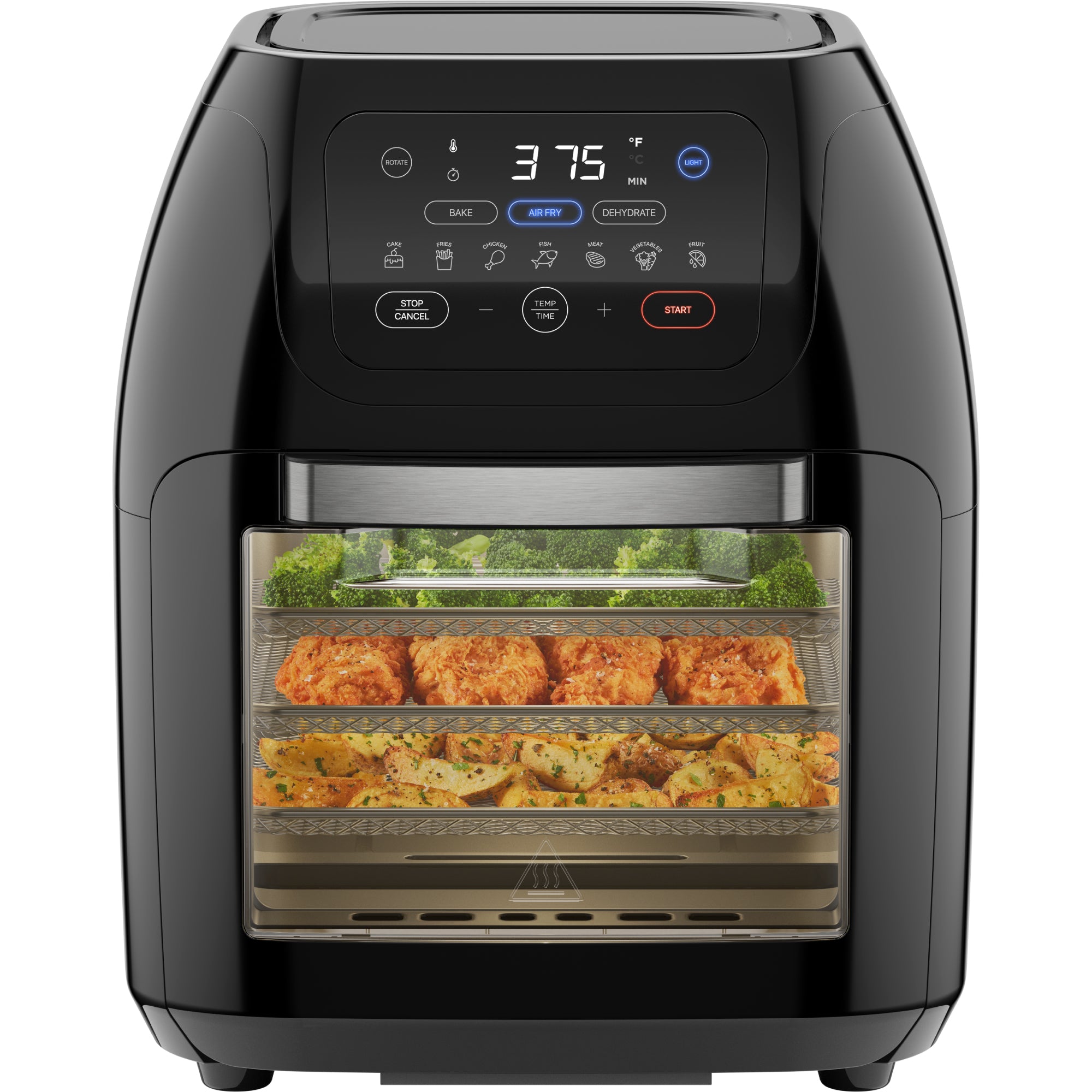 Front view of the gloss-black Chefman RJ38-10-RDO-V2 10-quart door-front air-fryer oven with an illuminated digital panel, viewing window and rack cavity
