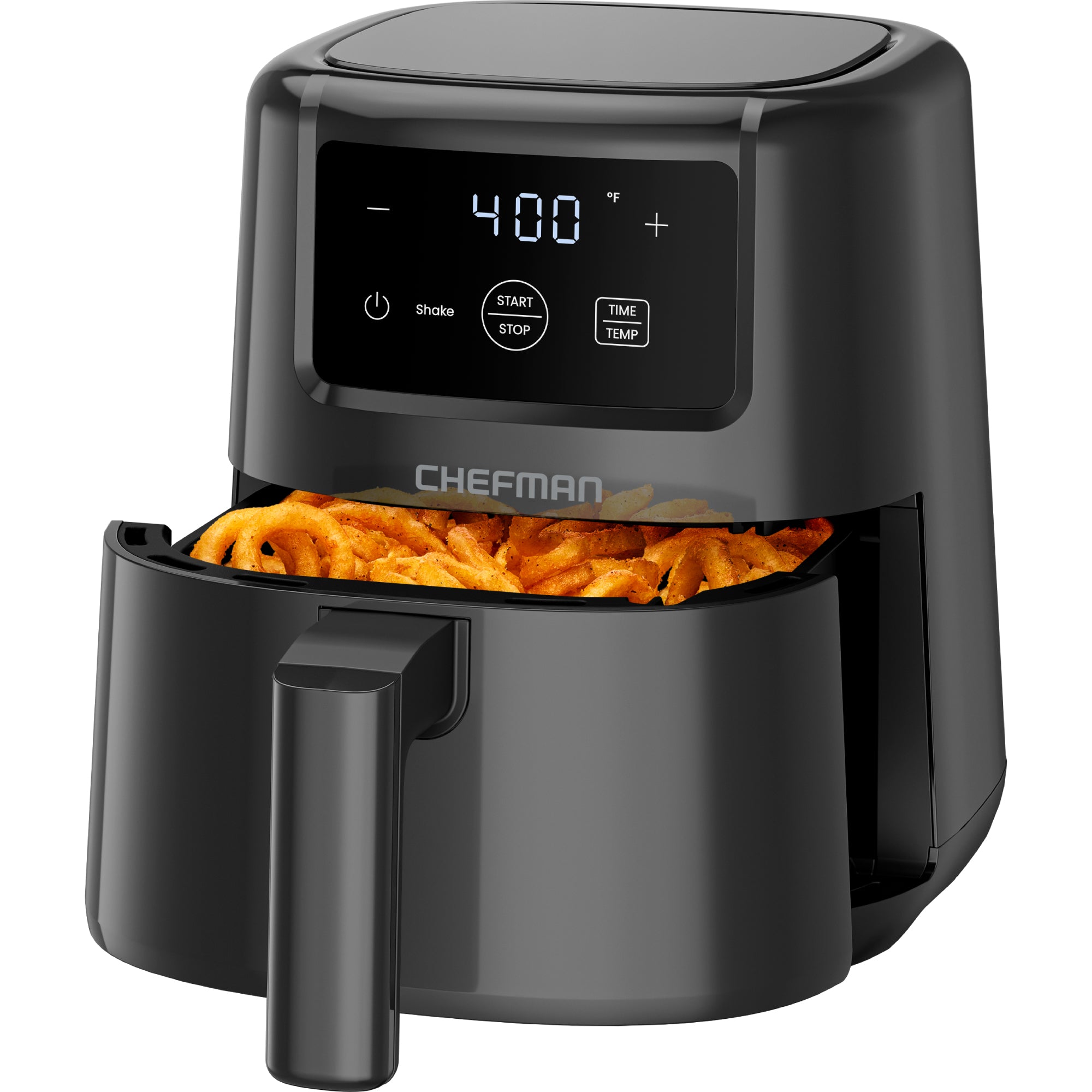 Chefman Compact 2-Quart Air Fryer, Black finish, one opaque pull-out basket and digital touch panel