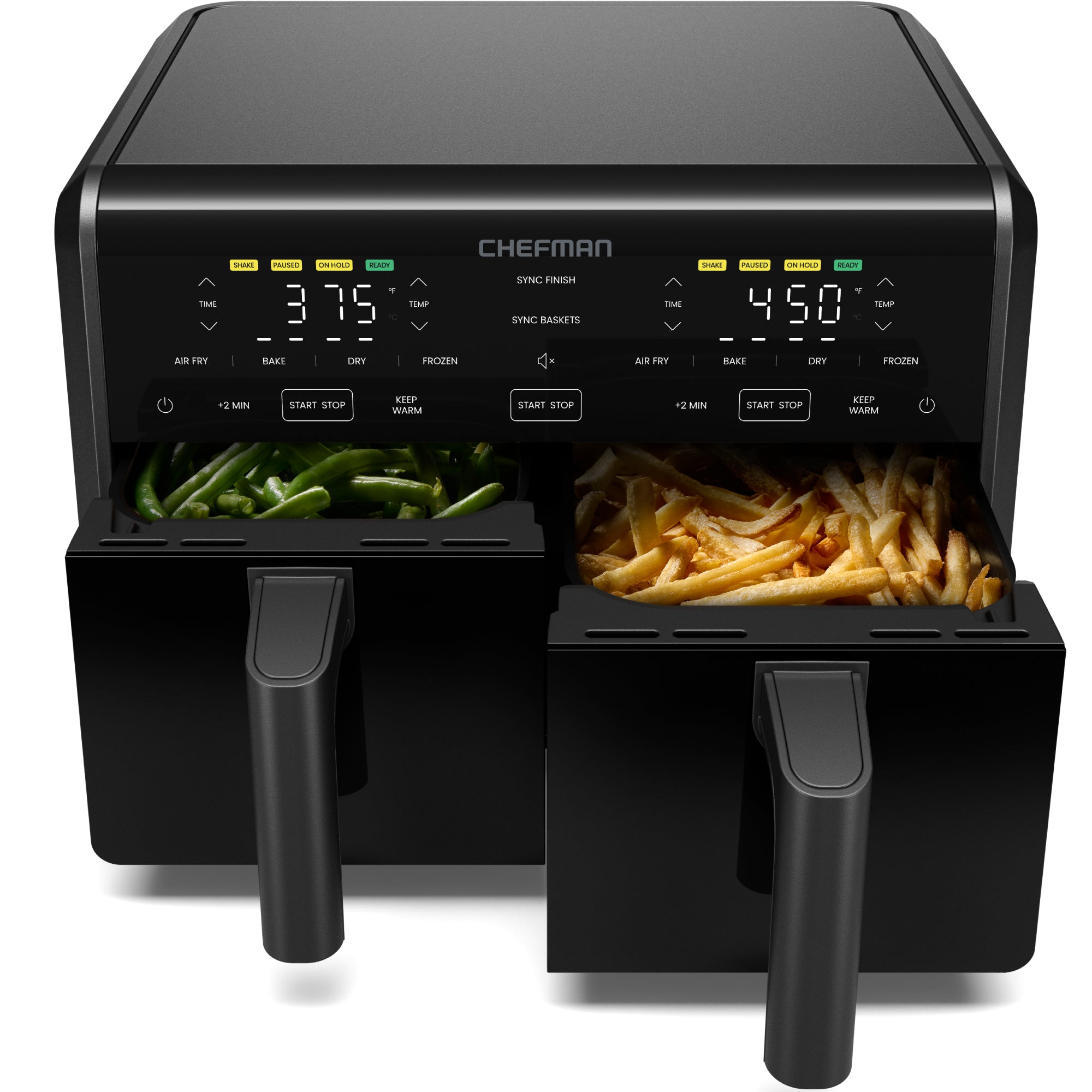 Chefman RJ38-45DB dual-basket air fryer with two opaque drawers and separate digital controls.