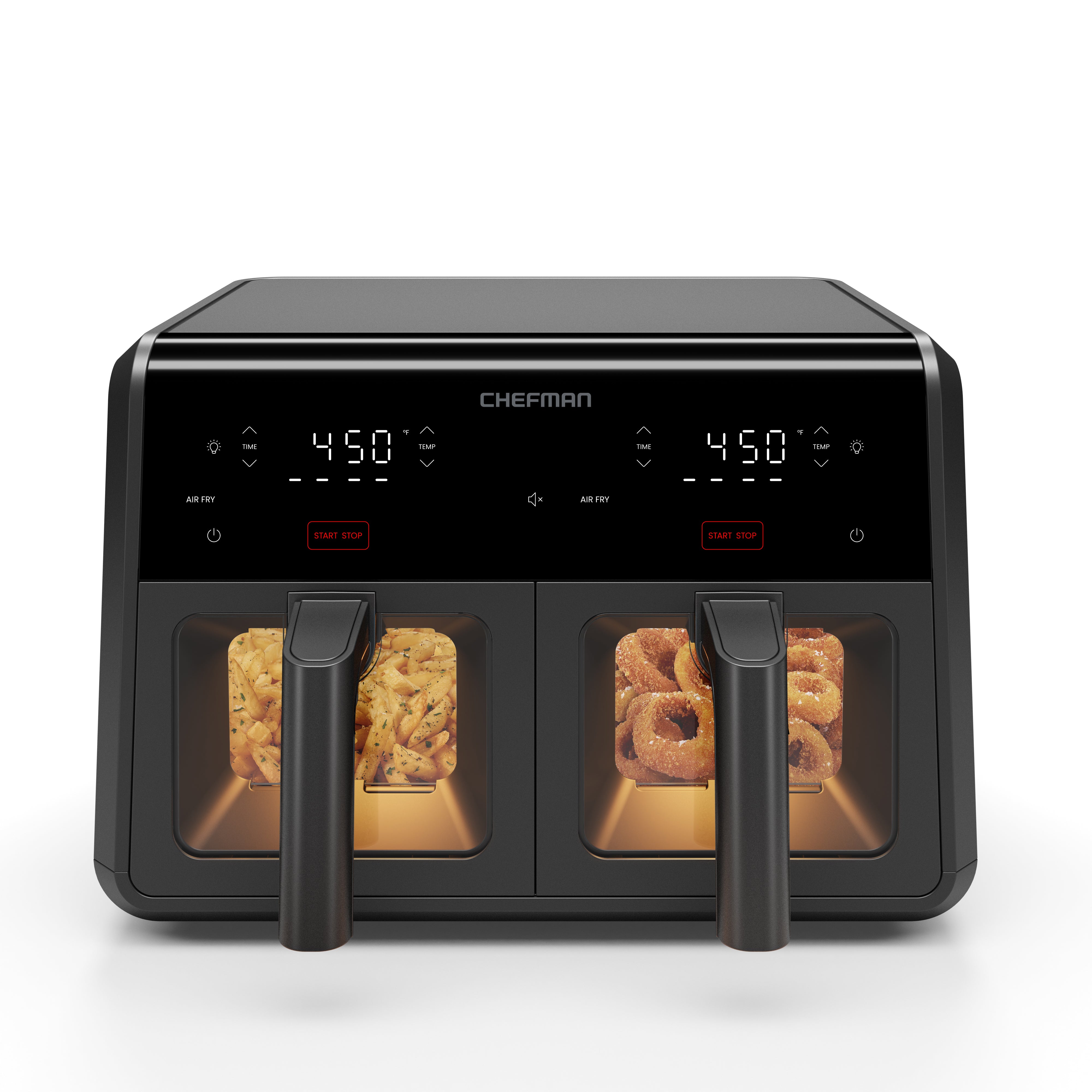 Chefman RJ38-45DBDW dual-basket air fryer showing two separate windowed baskets and independent control displays.