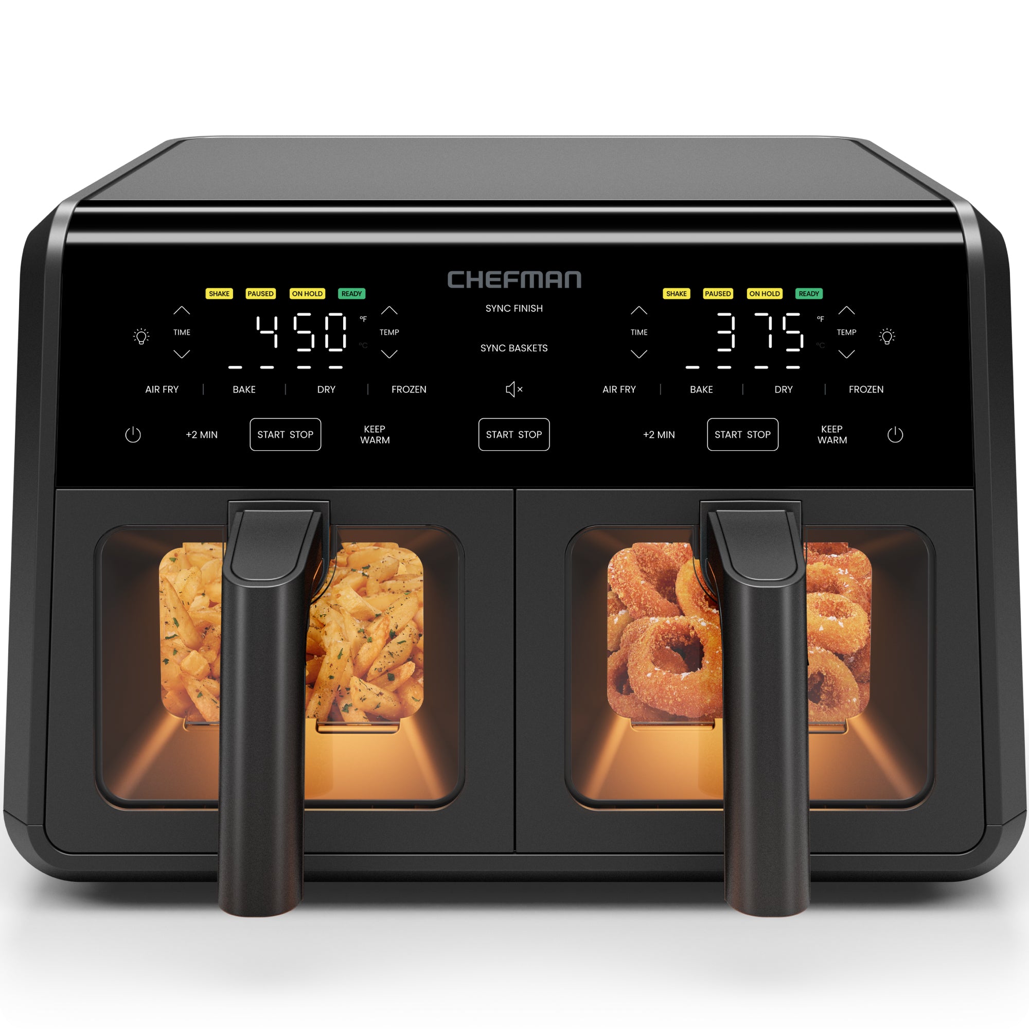 Chefman RJ38-45DBW matte-black dual-basket air fryer with two front viewing windows and mirrored touch controls