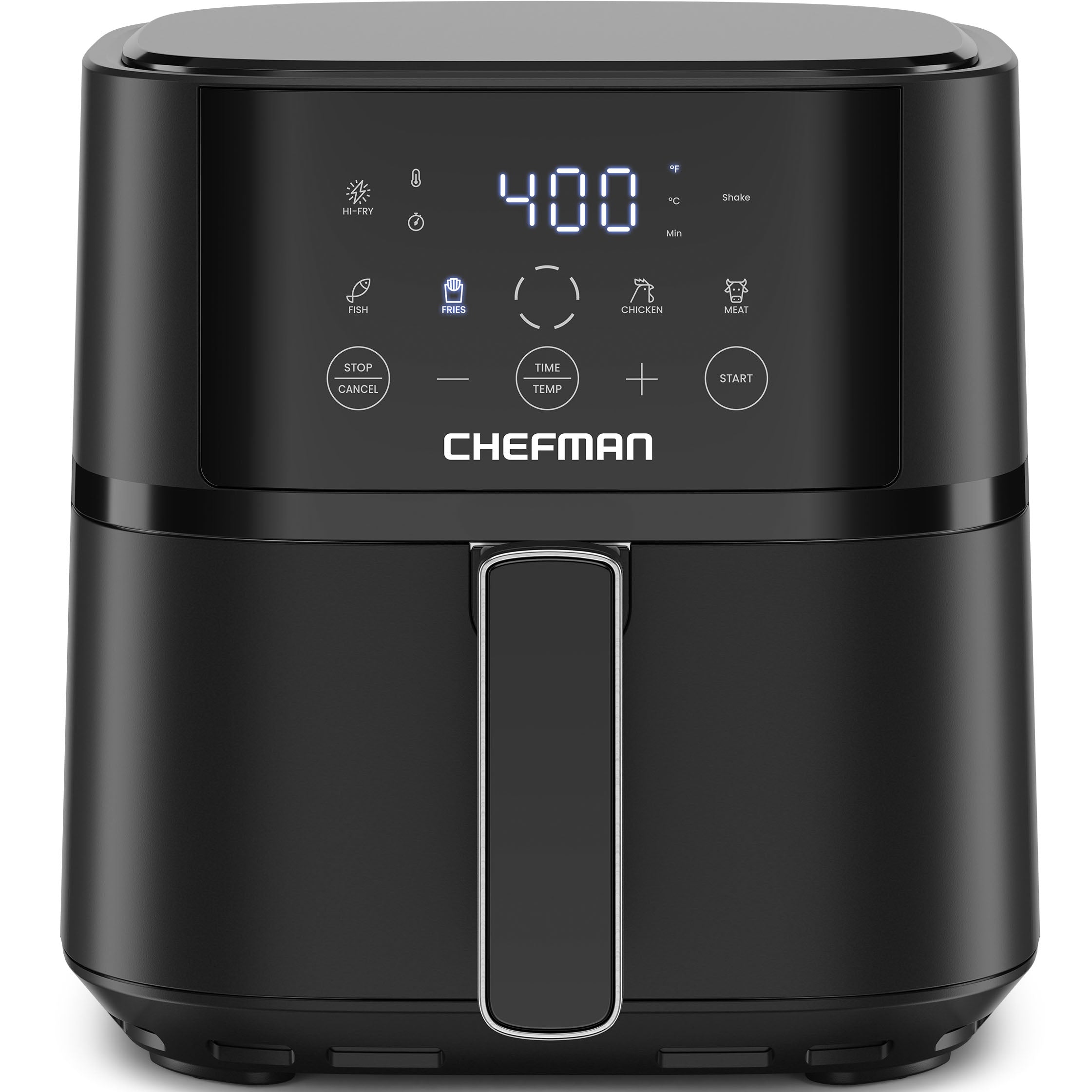 Black Chefman TurboFry Touch RJ38-4T-BLACK four-quart digital air fryer with an opaque single pull-out basket and food-preset touch panel