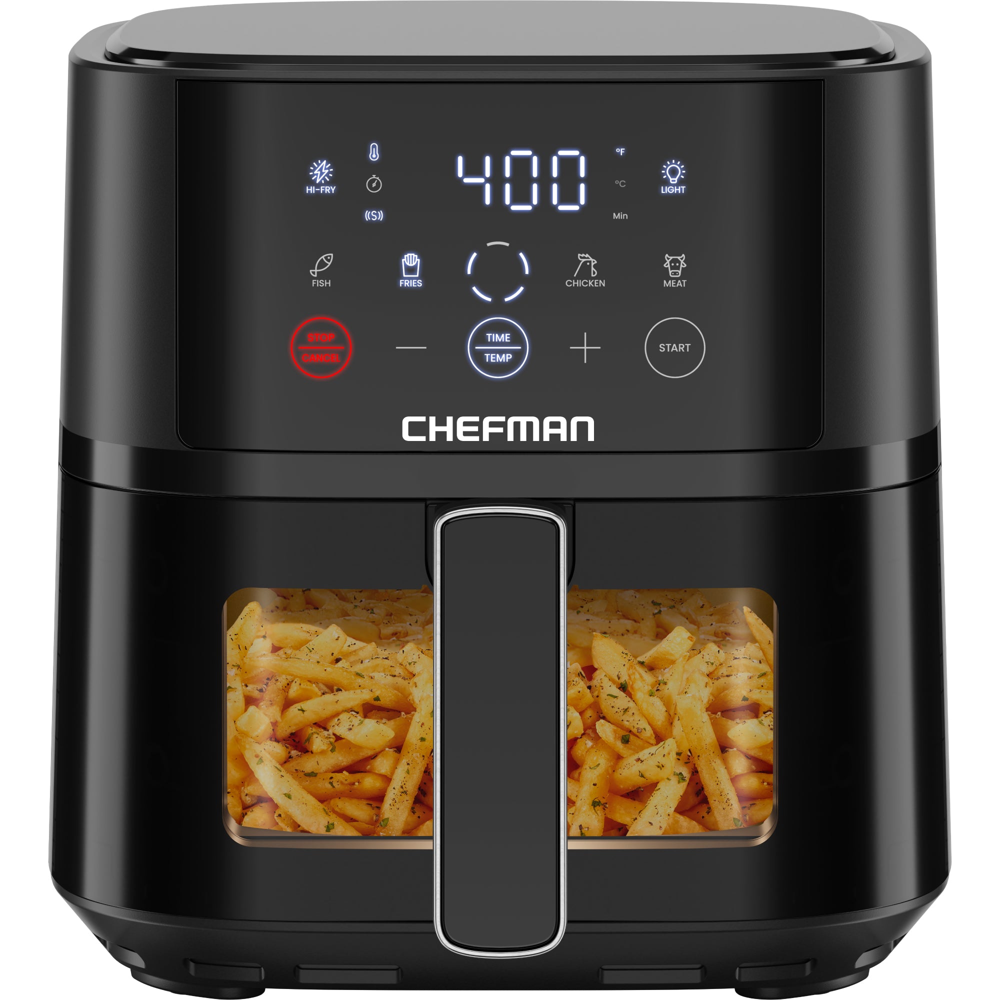 Black Chefman TurboFry Touch RJ38-4TW-BLACK four-quart digital air fryer with one clear windowed pull-out basket and touch panel