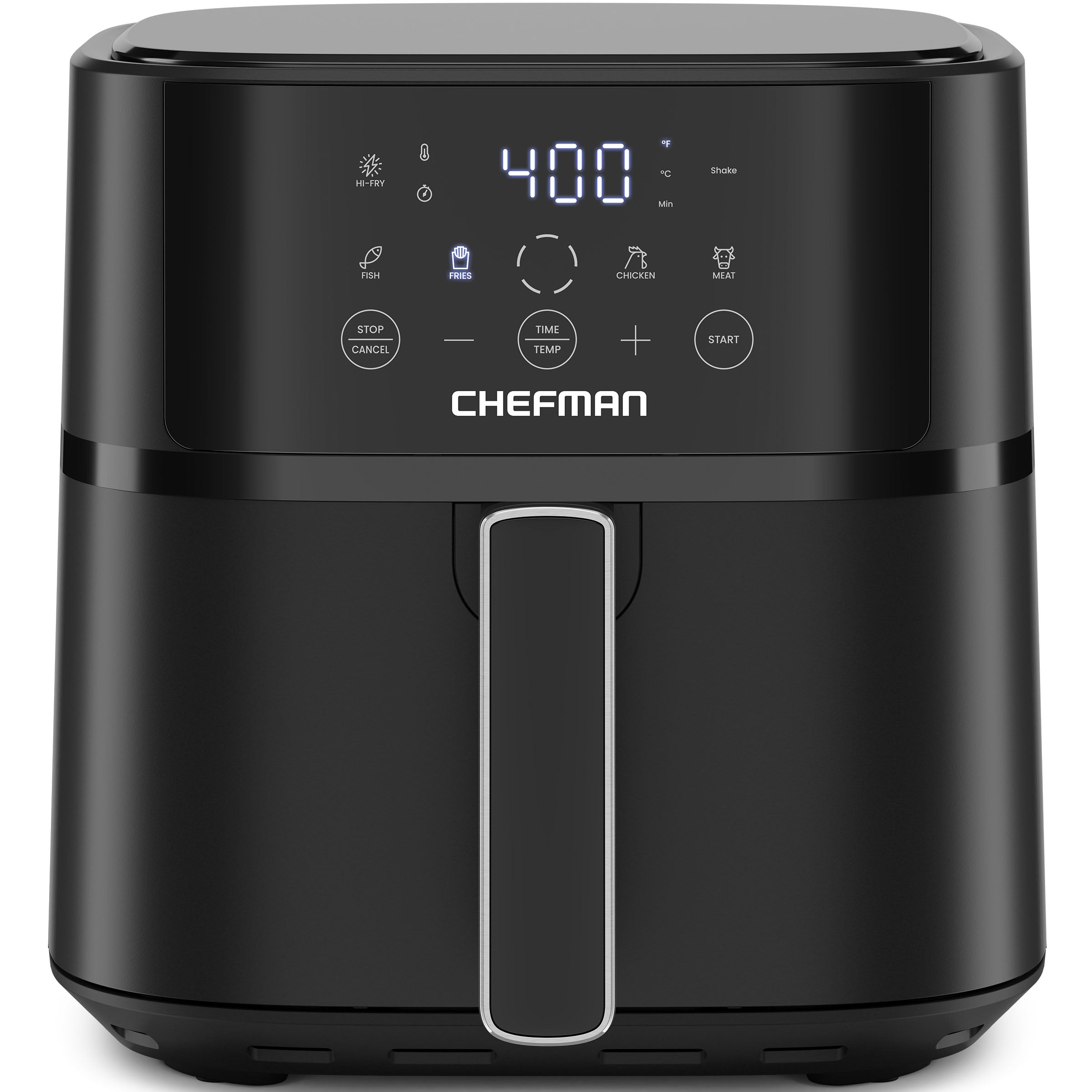 Black Chefman TurboFry Touch RJ38-6T-BLACK six-quart digital fryer with an opaque one-basket drawer and food-preset touchscreen