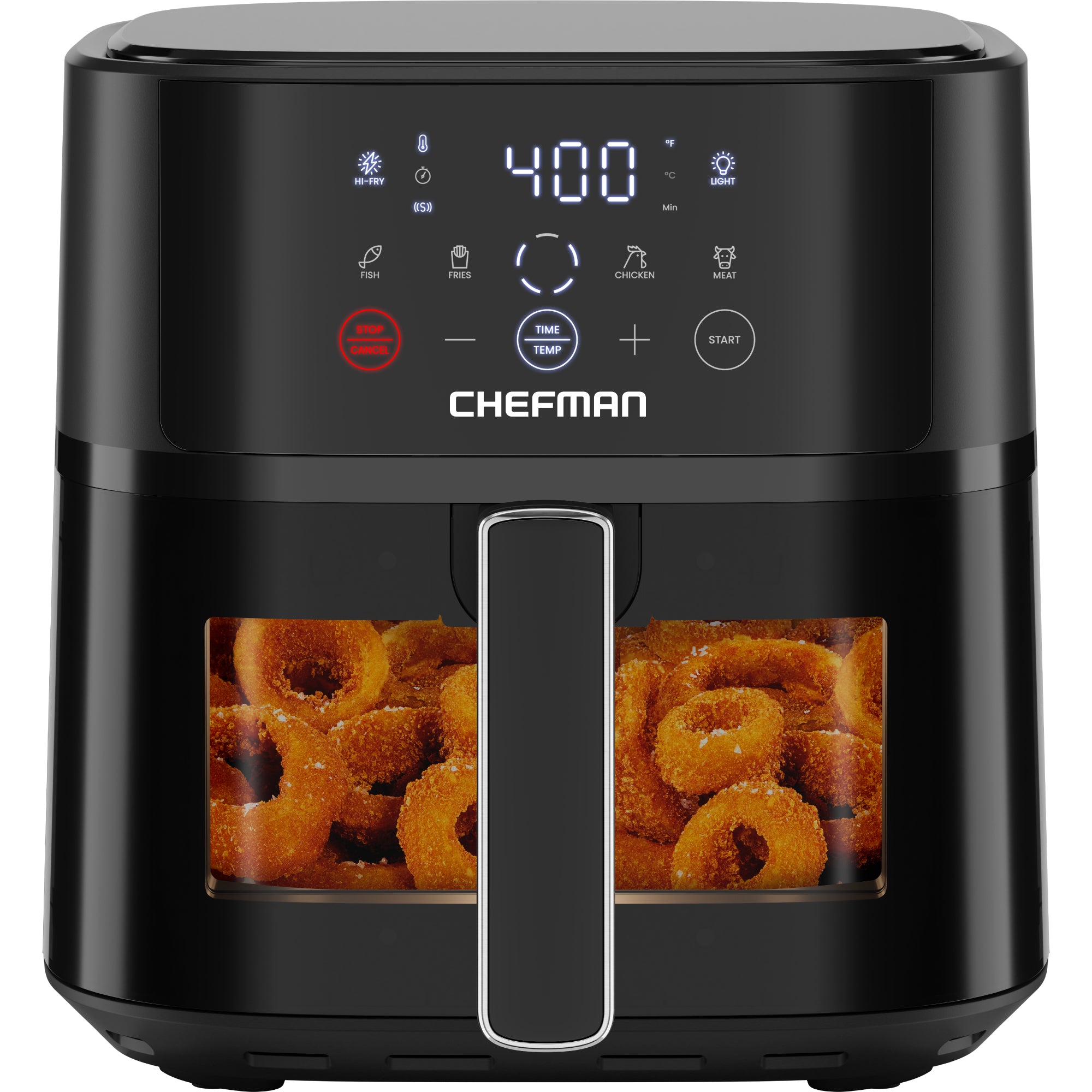 Black Chefman TurboFry Touch RJ38-6TW-BLACK with a clear, lighted one-basket window