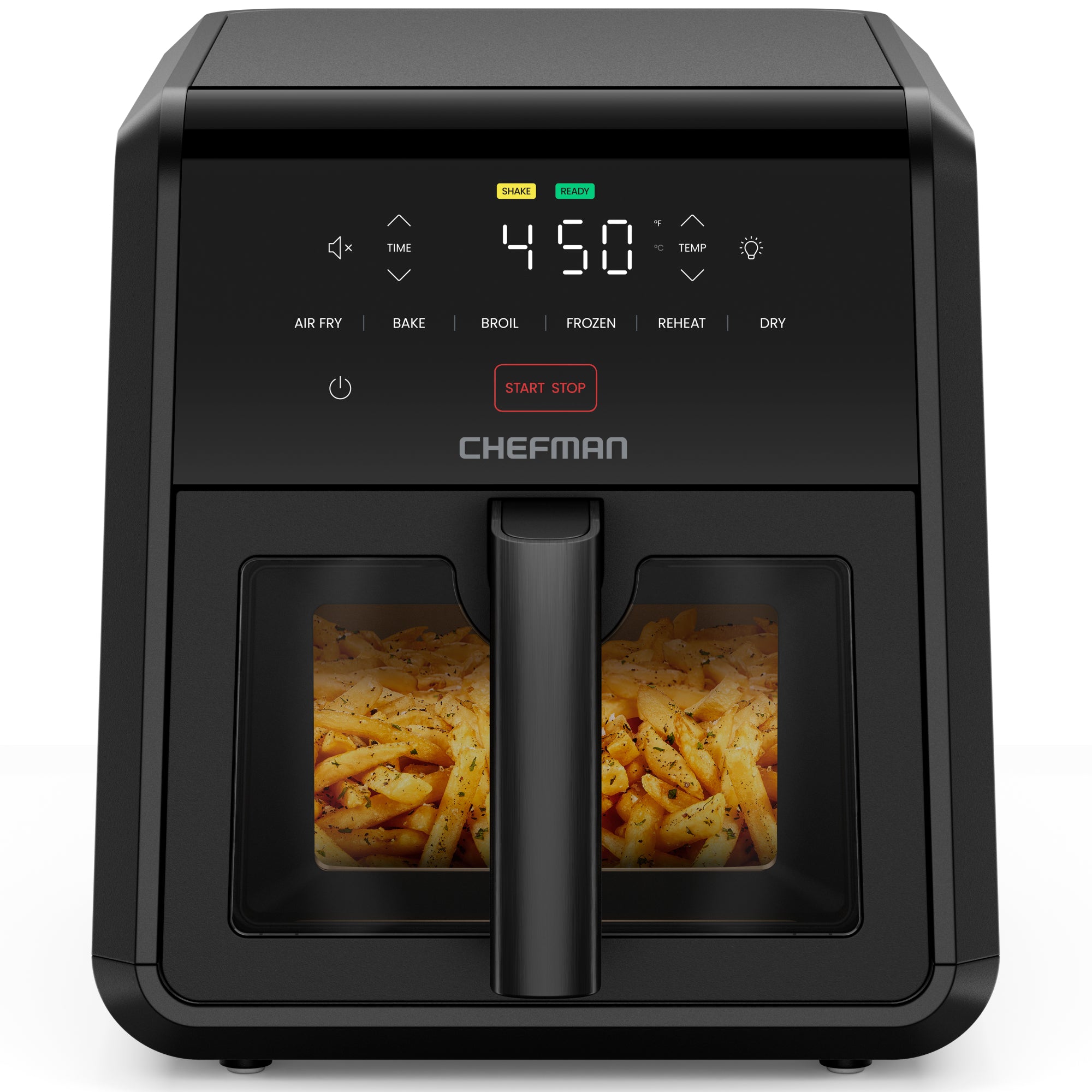 Chefman RJ38-7TW matte-black 7-quart air fryer with front basket window and six-button digital panel