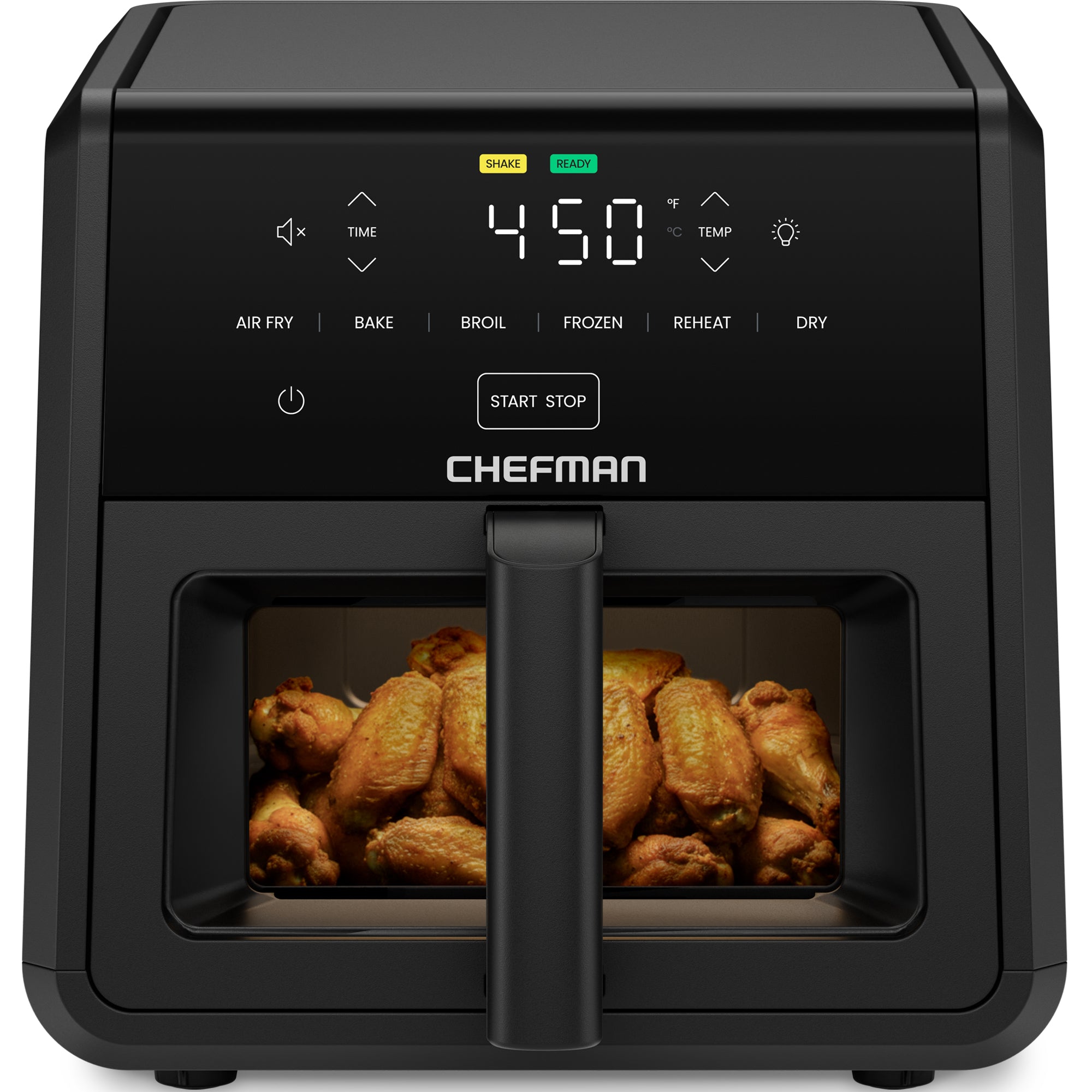 Black Chefman TurboFry XL RJ38-9TW-WM with one large front window and a single six-program digital control panel