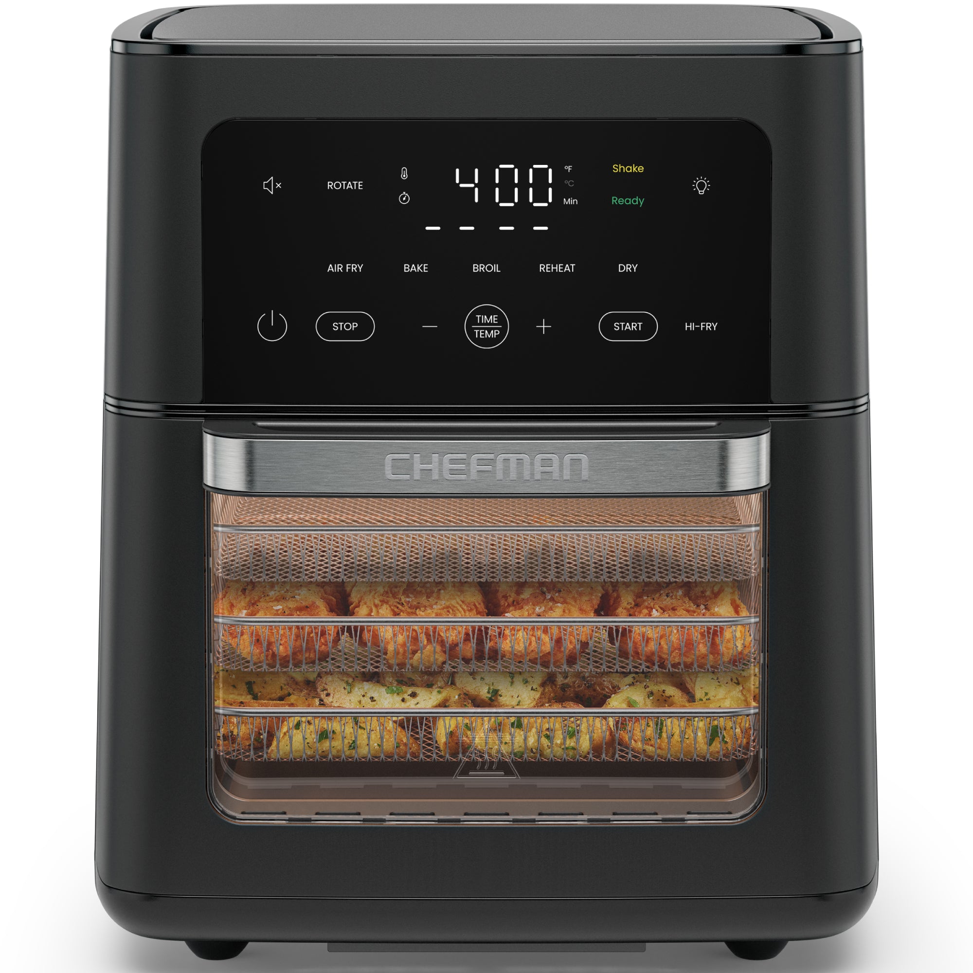 Chefman RJ38-RDO-13P door-front countertop air-fryer oven, shown from the front with its touch panel lit and food visible on wire racks