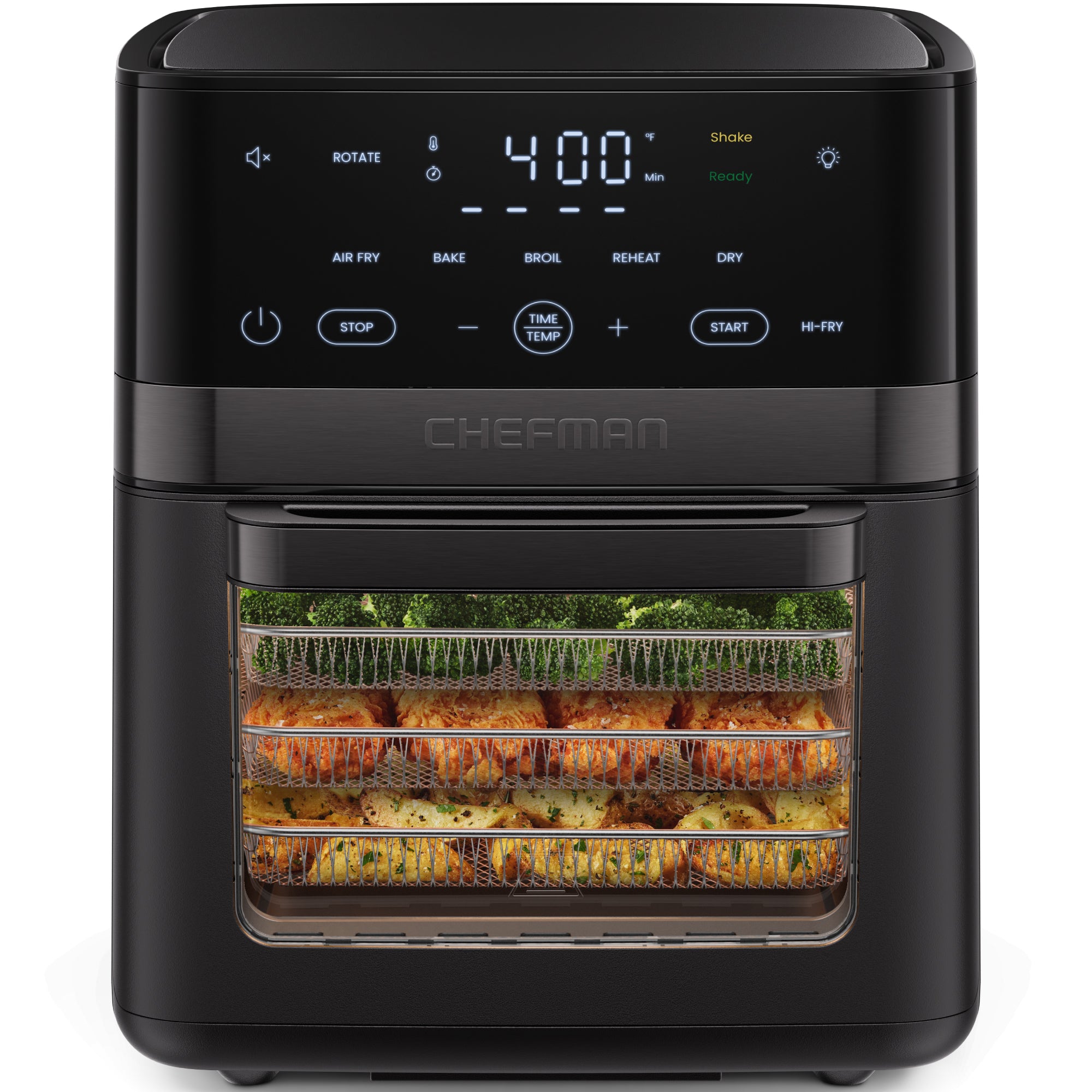 Chefman RJ38-RDO-14B 14-quart black countertop air-fryer oven with digital touch panel, window and three wire racks.