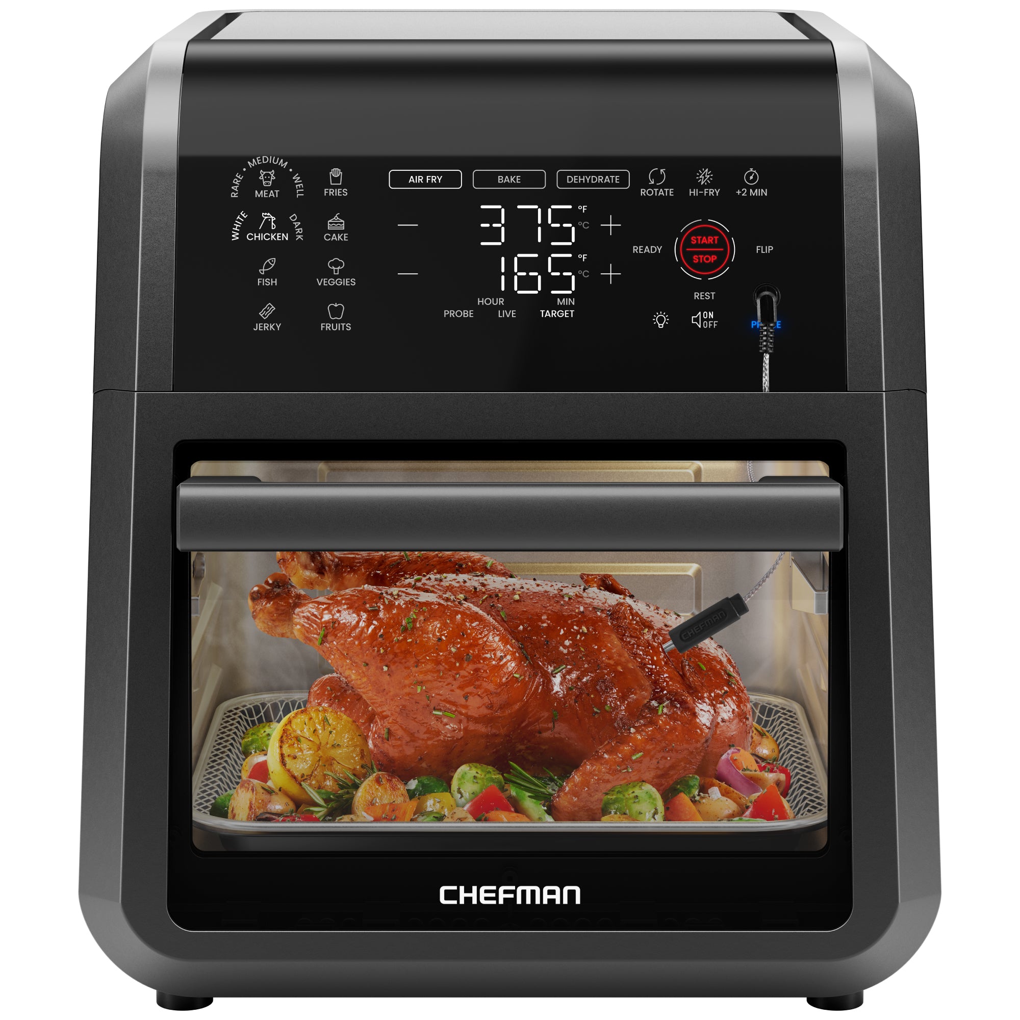 Chefman RJ38-RDO-PV12 12-quart countertop air-fryer oven showing the integrated probe controls and probe in food.