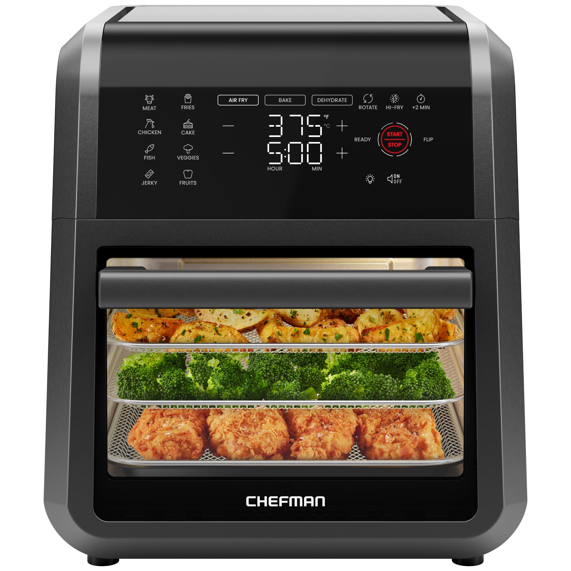 Chefman RJ38-RDO-V12 12-quart black countertop oven with front display, window and three wire rack levels.
