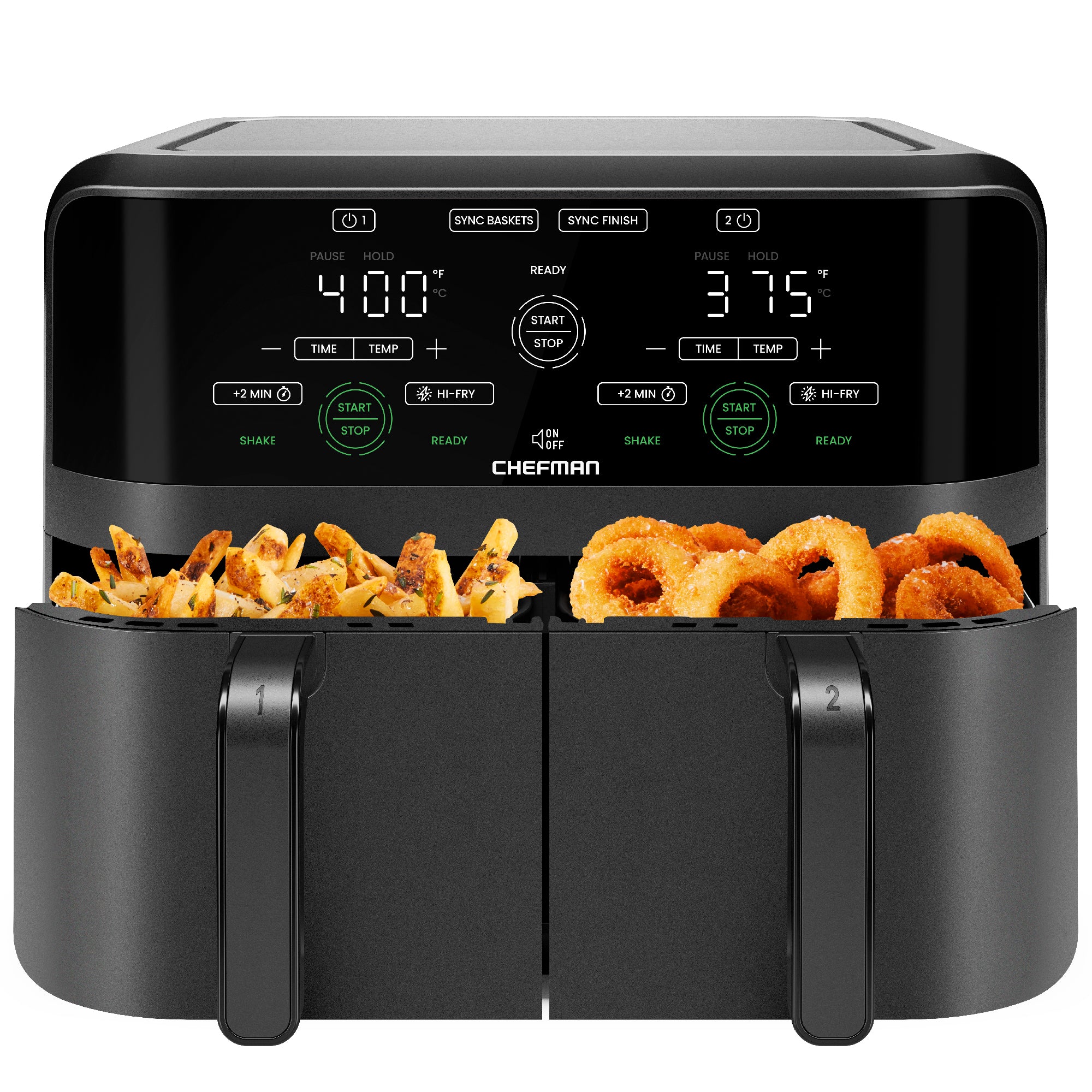 Black Chefman TurboFry Touch RJ38-SQPF-3TDB-2 with opaque fronts on two separate air-fryer baskets