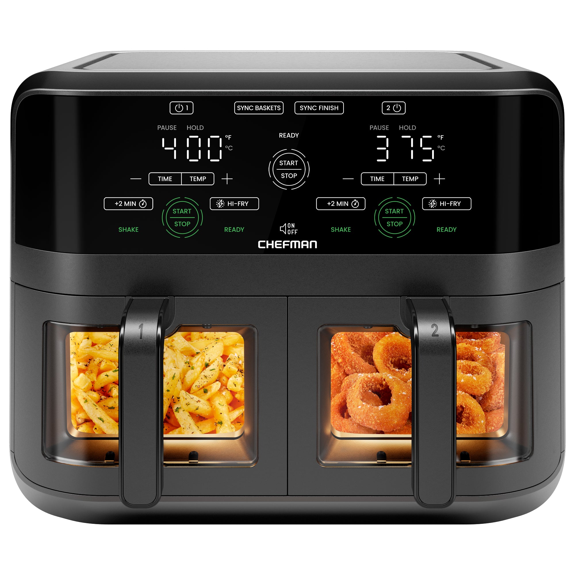 Black Chefman TurboFry Touch RJ38-SQPF-3TDB-2W with clear windows on both separate air-fryer baskets