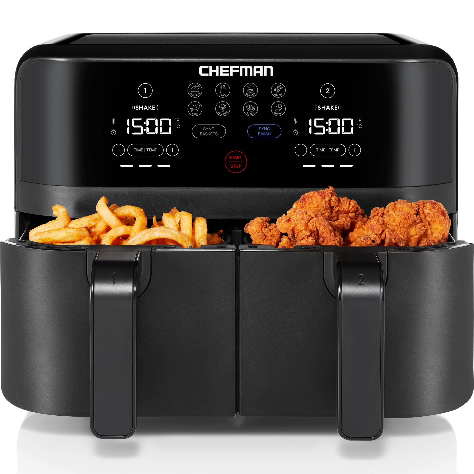 Chefman black dual-basket air fryer with two opaque drawers and separate basket controls