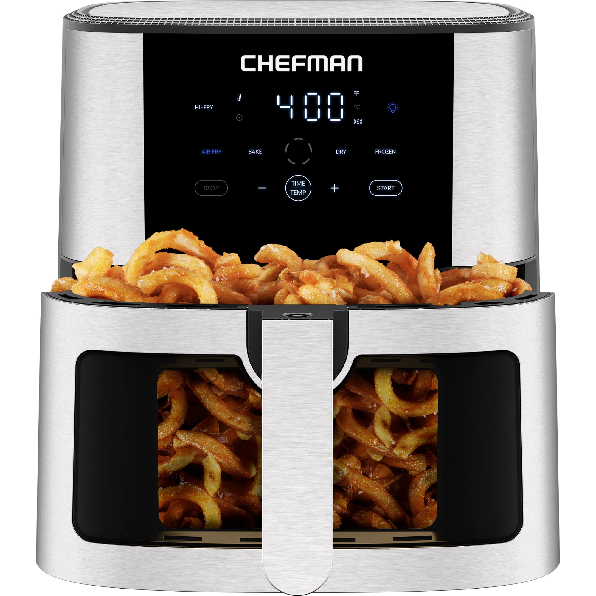 Front view of Chefman TurboFry Easy View RJ38-SS-8TW 8-quart air fryer in stainless-steel exterior finish, with its single windowed basket and digital controls