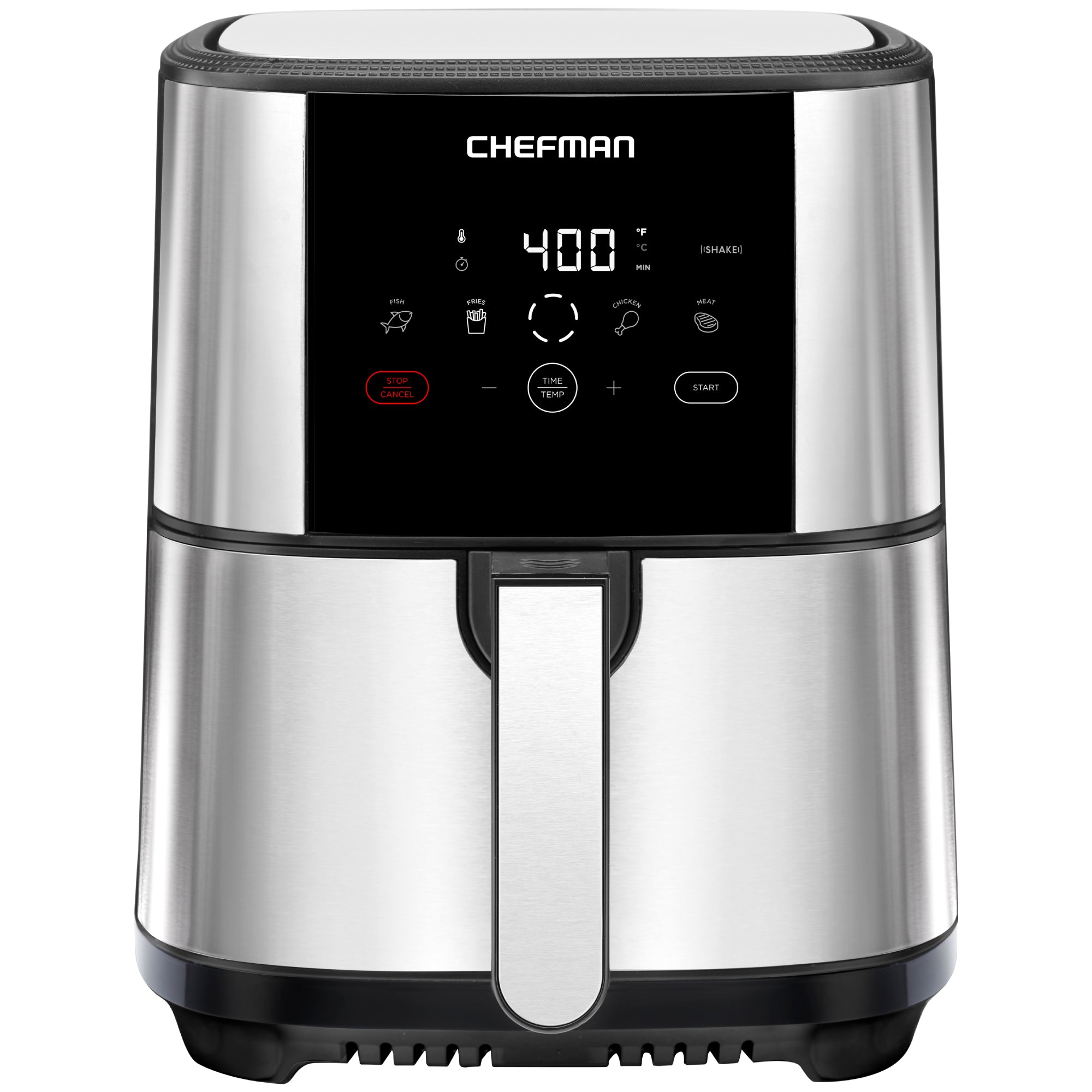 Chefman TurboFry Touch RJ38-SQSS-5T air fryer with stainless-steel finish, one opaque pull-out basket and digital touch panel