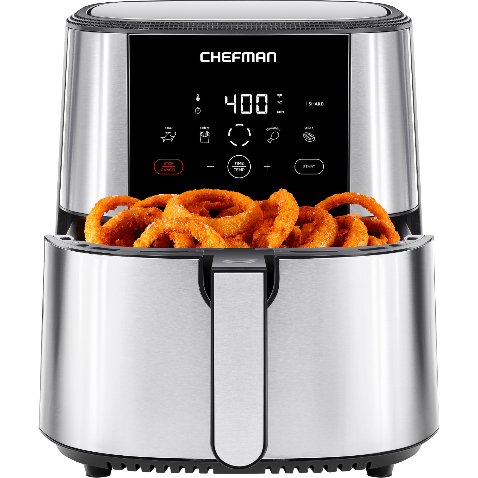 Chefman TurboFry Touch RJ38-SQSS-8T air fryer with stainless-steel finish, one opaque pull-out basket and digital touch panel