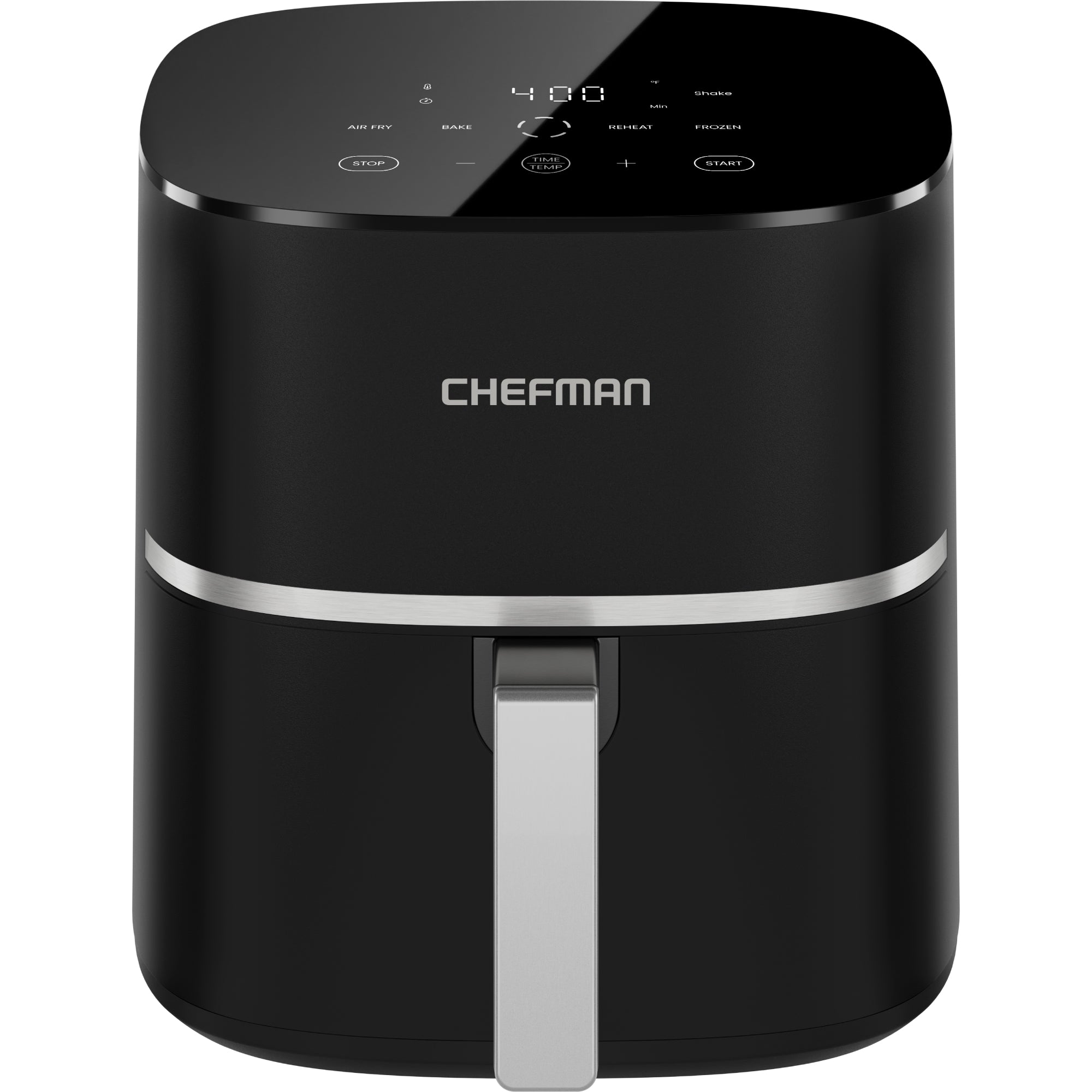 Chefman TurboX RJ38-5T black single-basket air fryer with silver trim and top-facing digital Air Fry, Bake, Reheat and Frozen controls