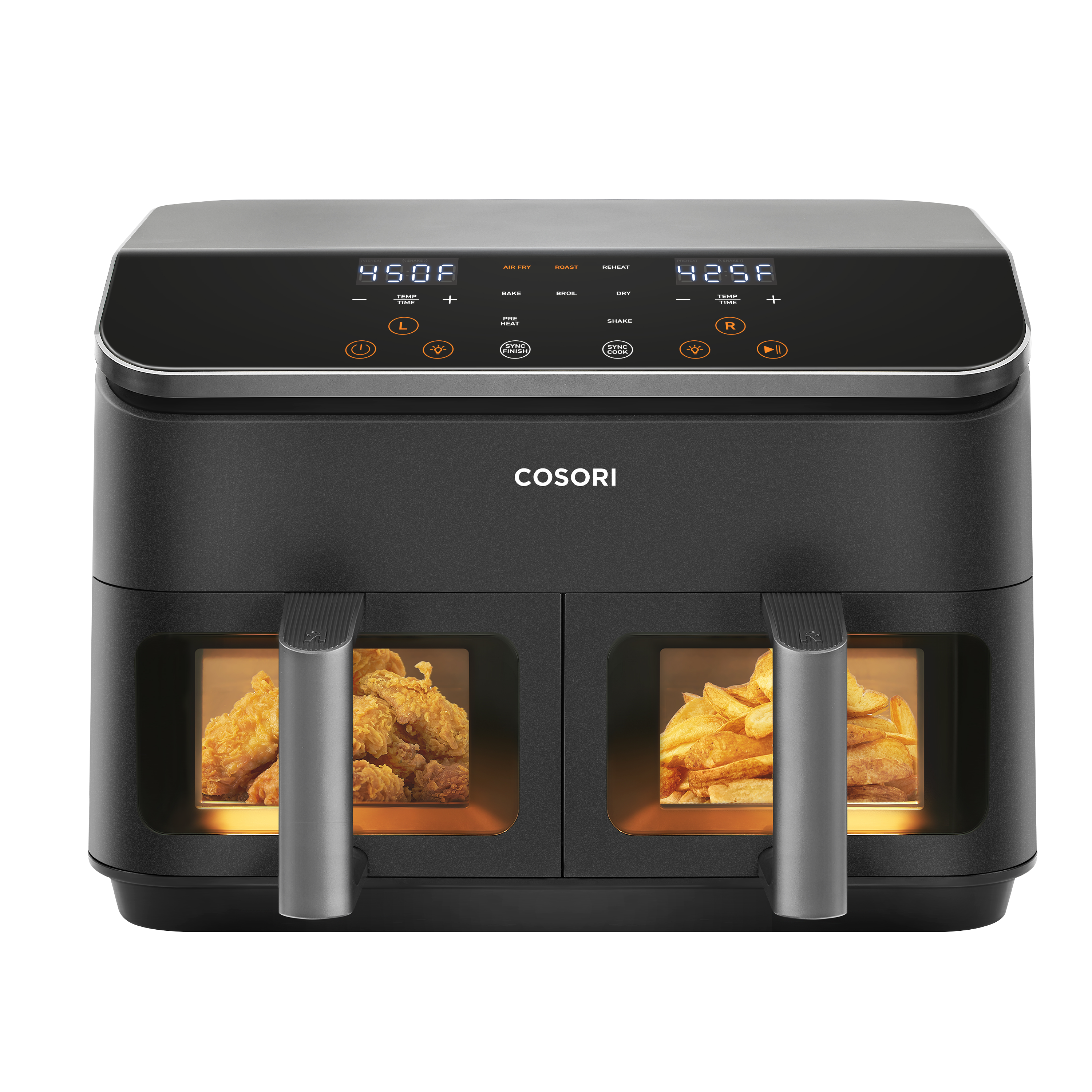 COSORI CAF-R901-AUS 9-quart air fryer viewed from the front with its two separate viewing-window baskets
