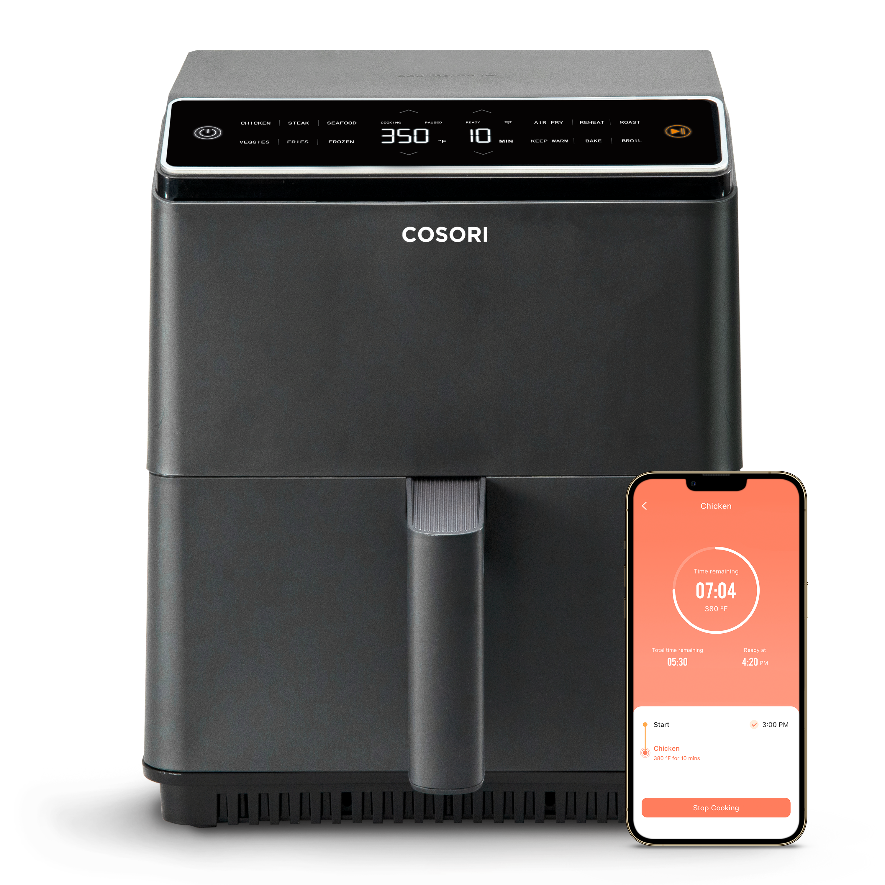 COSORI Dual Blaze CAF-P583S-KUS 6.8-quart smart air fryer viewed from the front, with app screen graphic beside the appliance