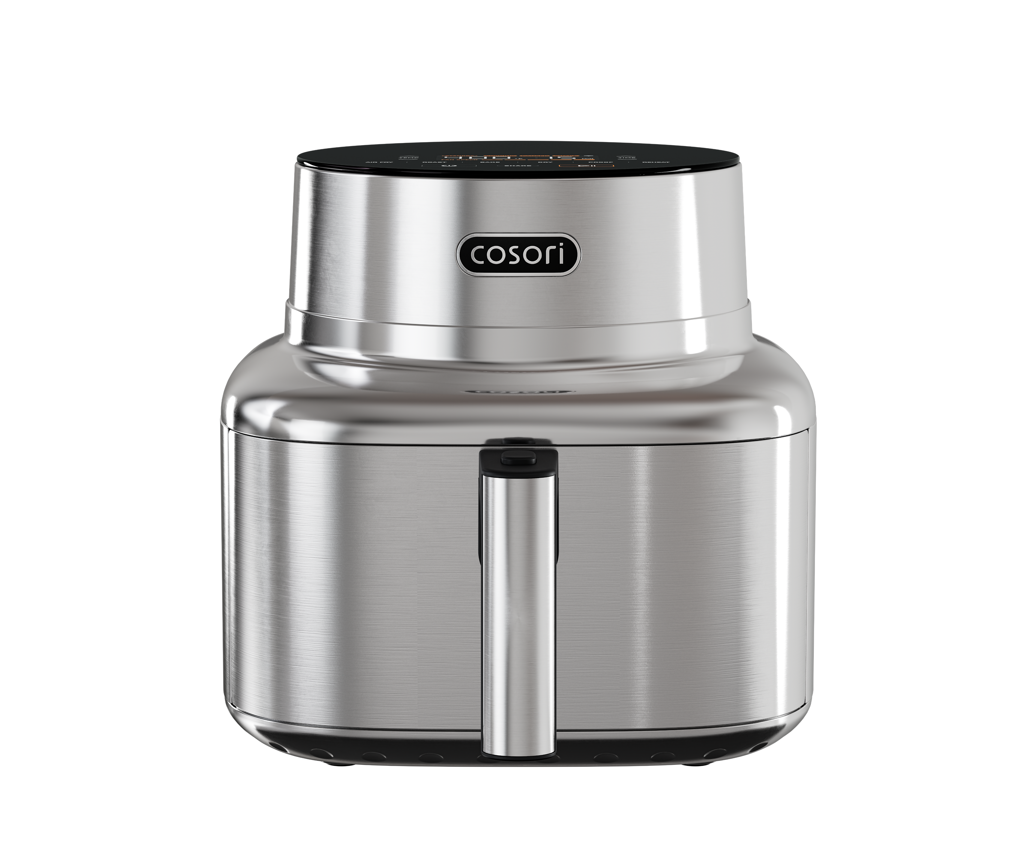 Front view of the COSORI Iconic CAF-SE601S-CUS stainless-steel 6.5-quart smart air fryer with its single basket and tall central handle