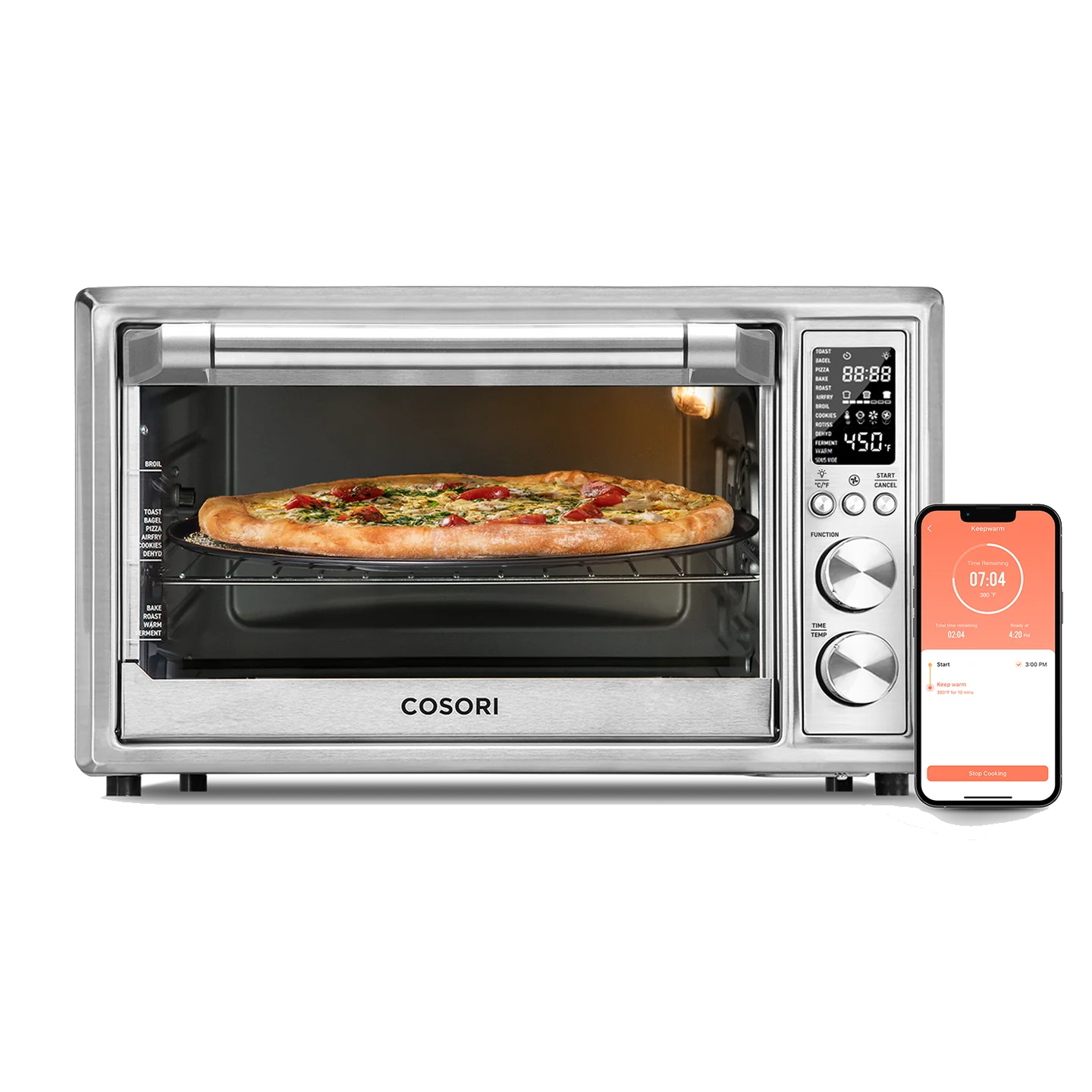 COSORI CS130-AO silver air-fryer toaster oven viewed from the front with pizza visible through the door and a phone graphic beside it