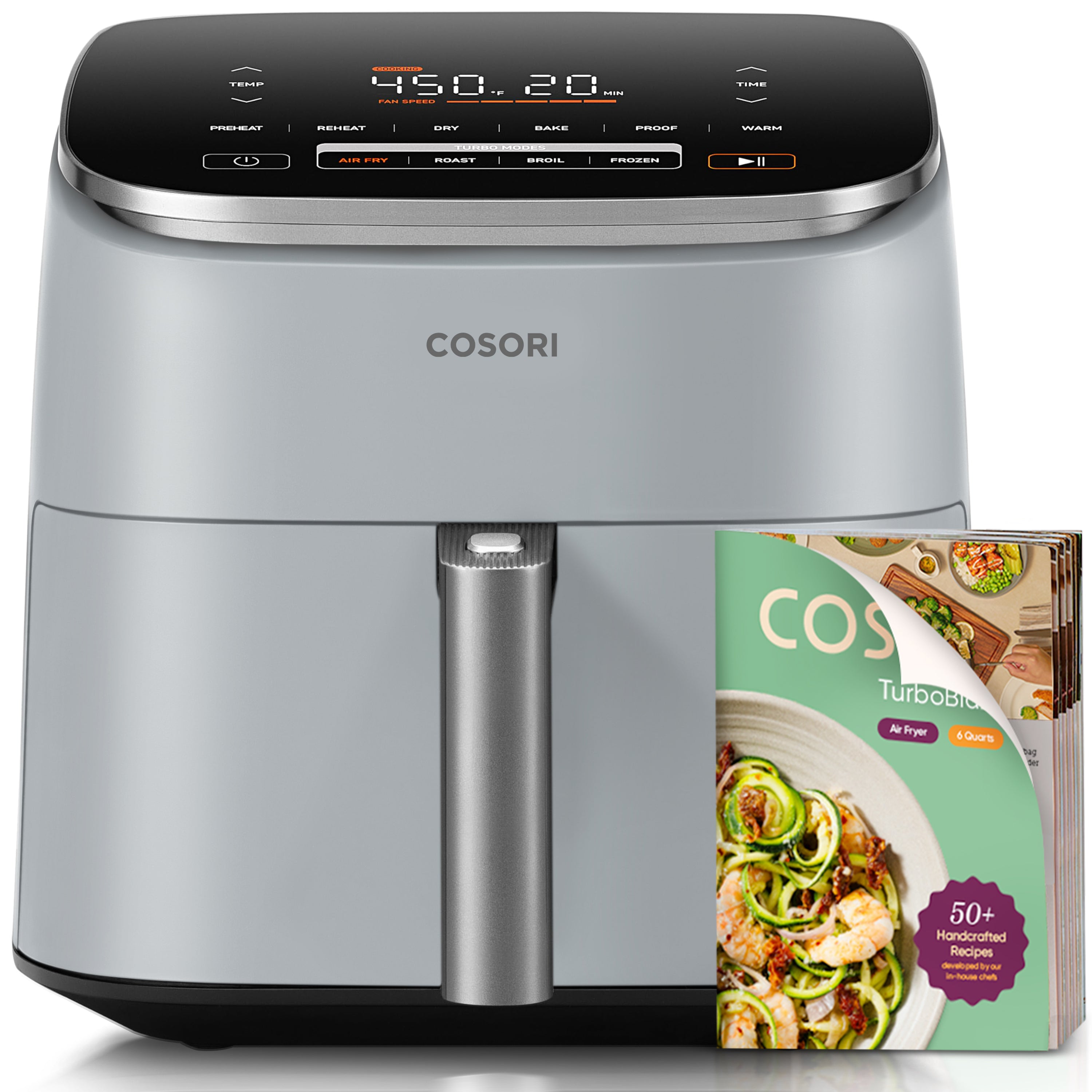 COSORI TurboBlaze CAF-DC601-AUS air fryer in light gray, viewed from the front with its recipe booklet