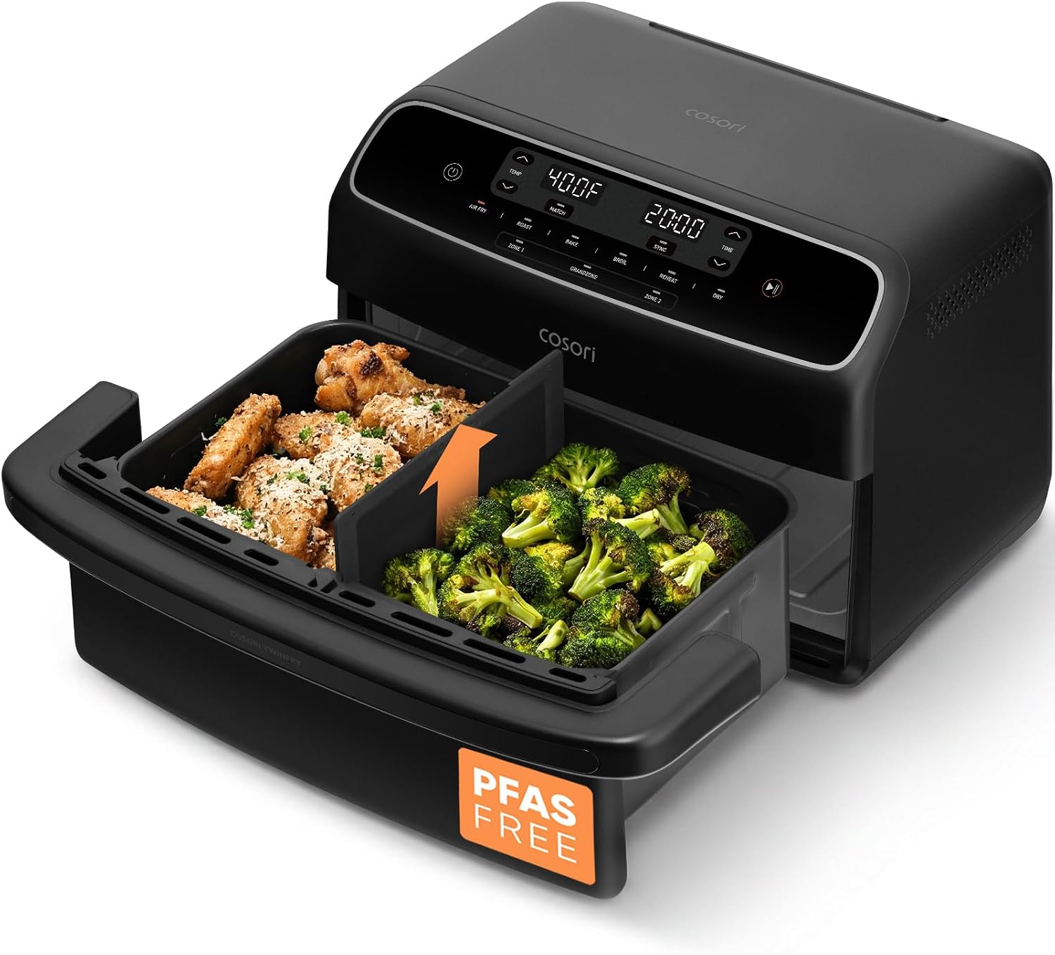 COSORI TWINFRY CAF-TF901-KUS with its wide pull-out basket open and divider installed between two food zones