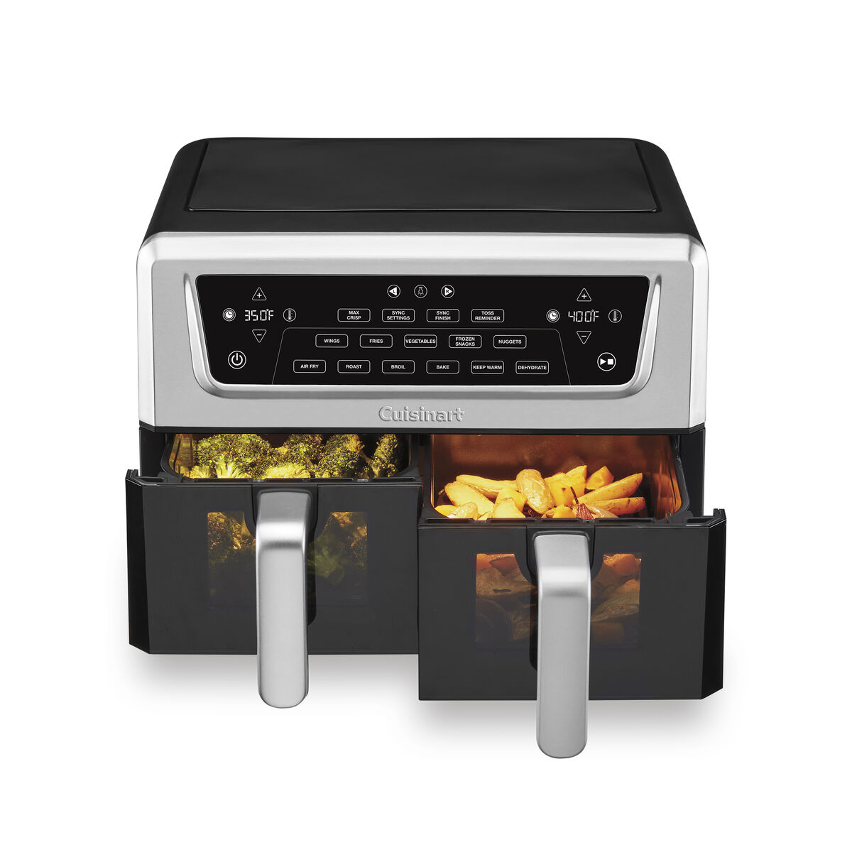 Black and stainless Cuisinart ADZ-112 Pro with two clear-front basket windows