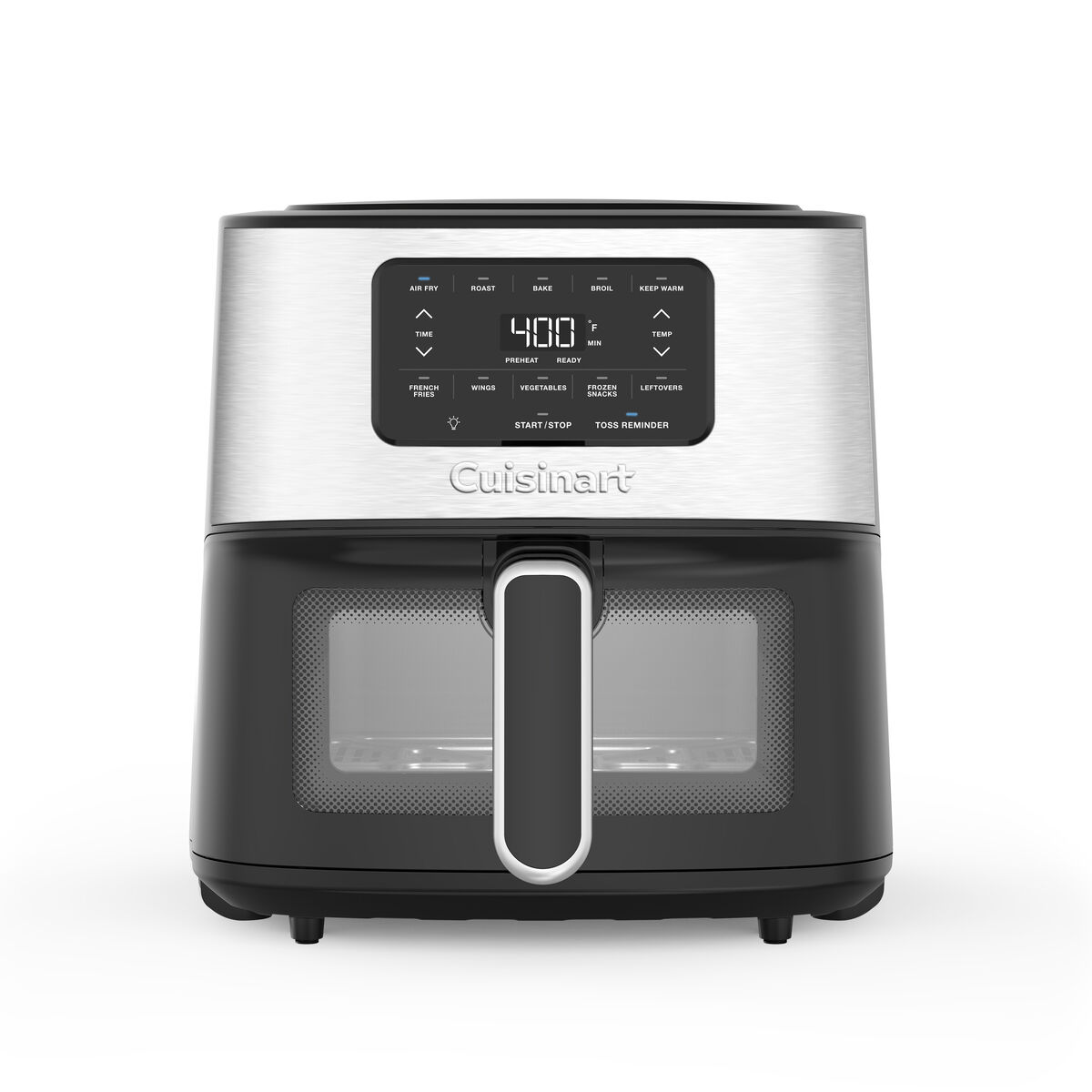 Cuisinart AIR-200 discontinued six-quart basket air fryer with stainless front, central handle, digital controls and viewing window