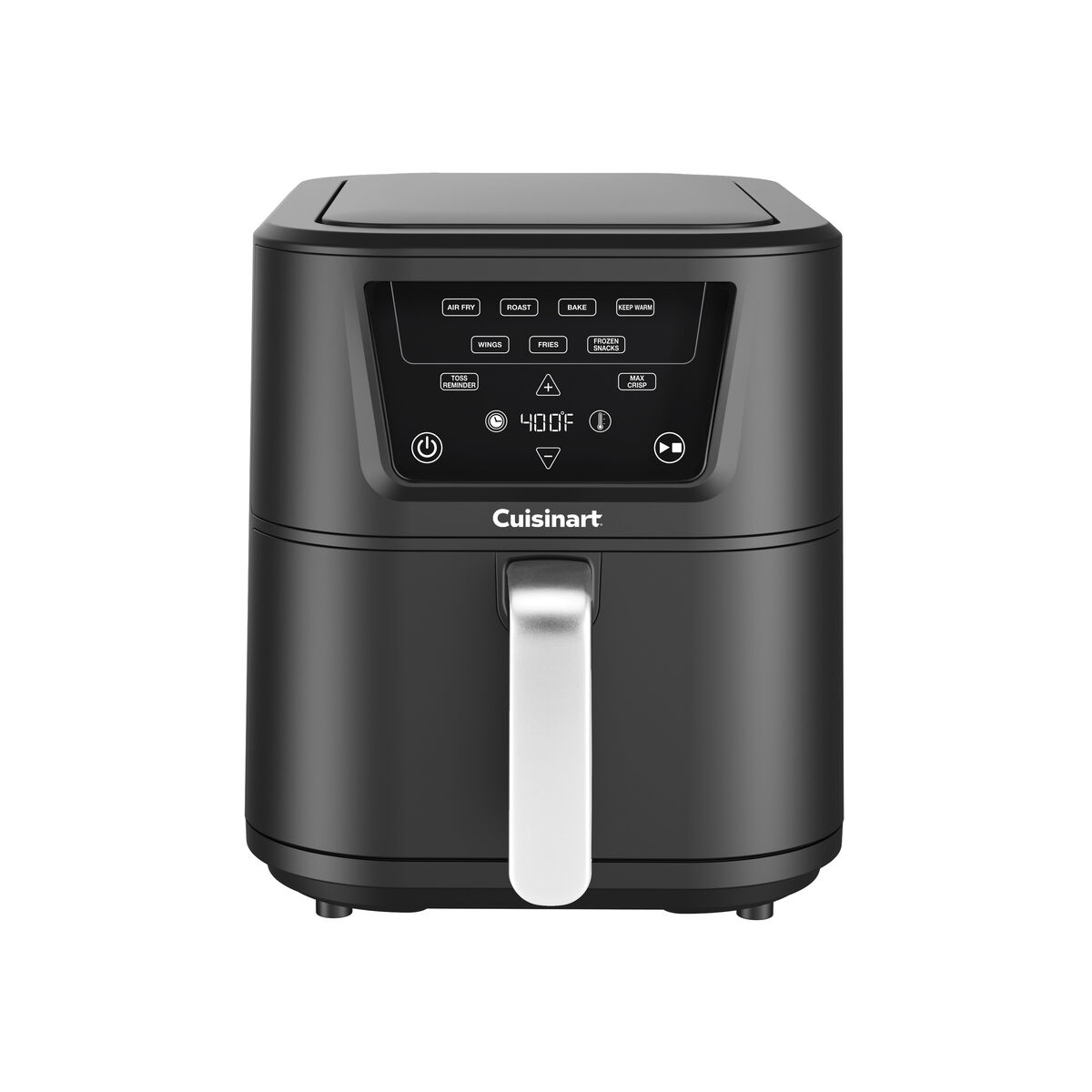Black Cuisinart CompactMax AIR-210 single-basket air fryer with silver handle and digital controls