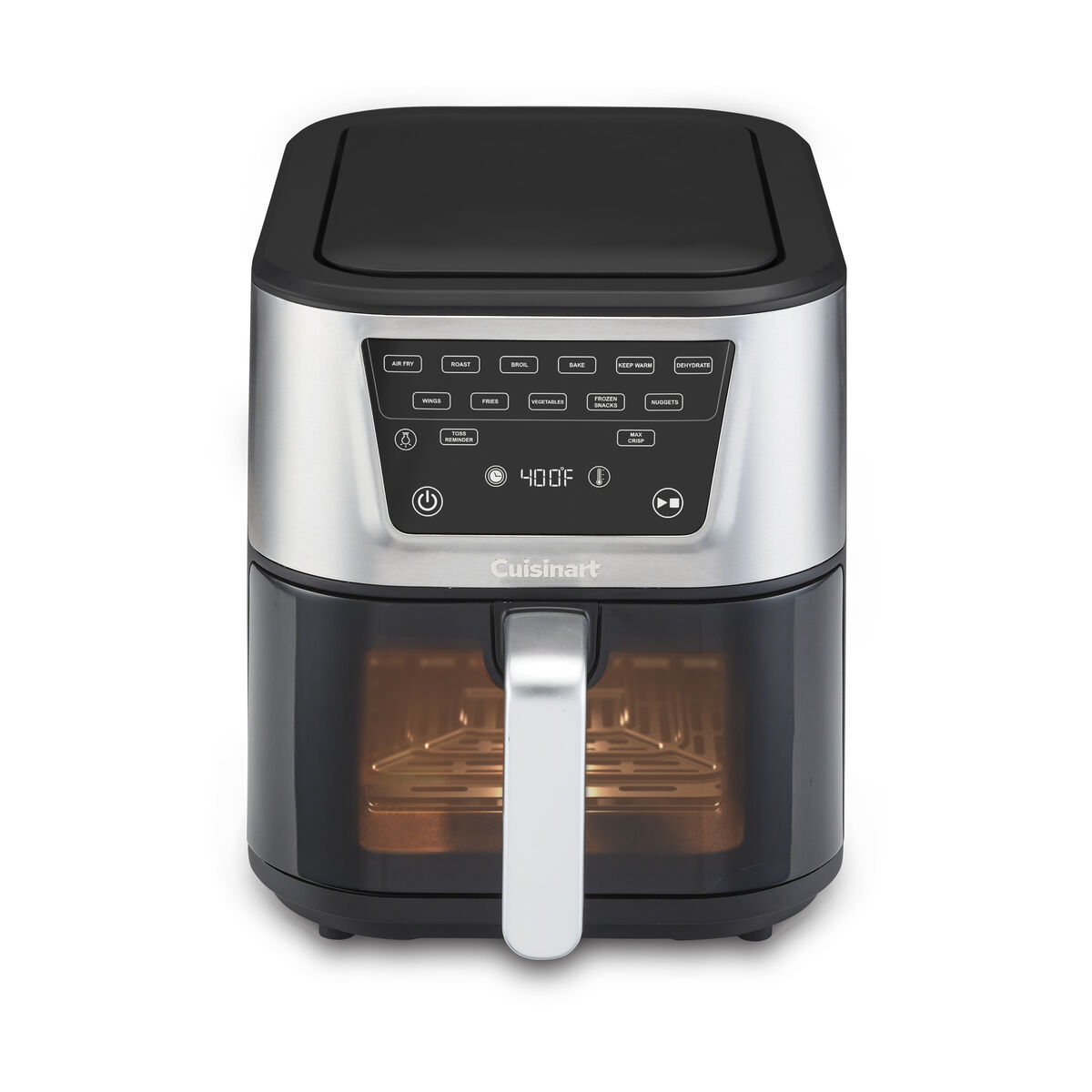Cuisinart AIR-212 elongated black and stainless 8-quart air-fryer basket with viewing window and digital controls.