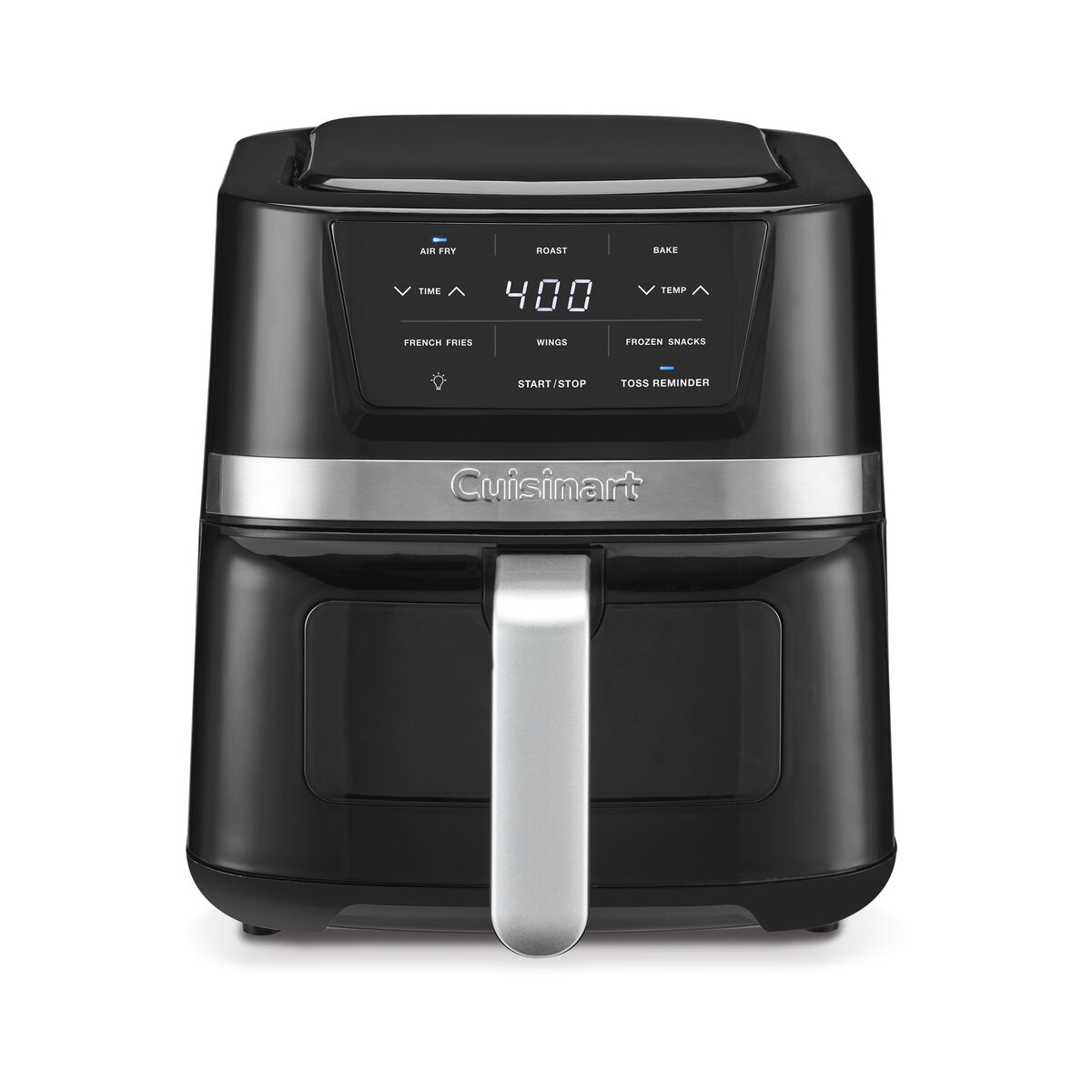 Cuisinart AIR-80 compact black-and-stainless air fryer with single drawer, see-through window, and digital front controls.