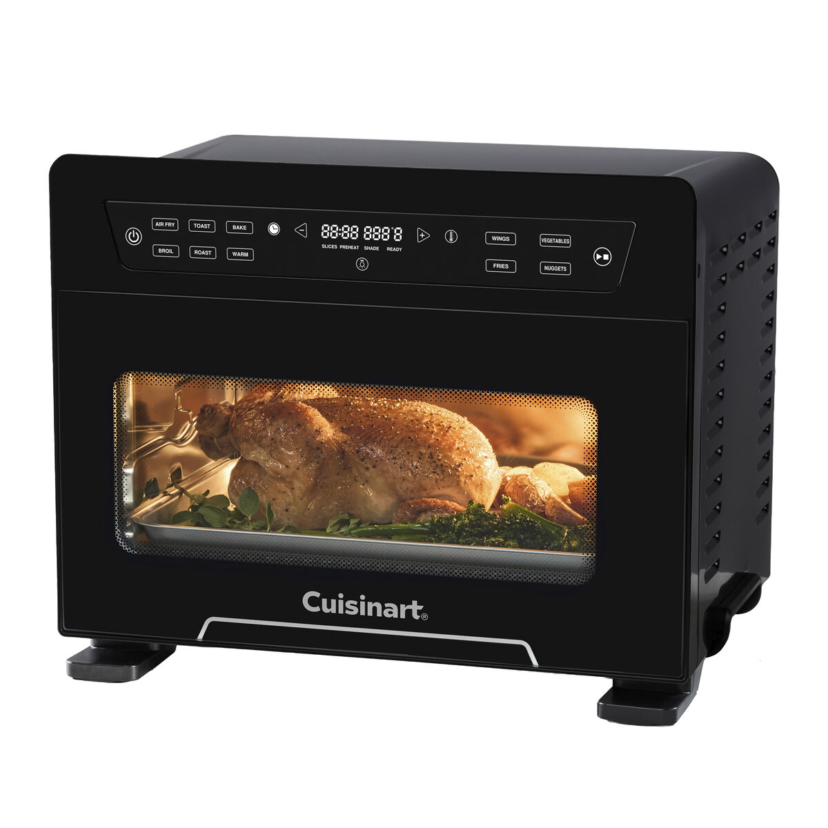 Black Cuisinart TOA-100 countertop air-fryer oven with a front glass window and digital touch controls