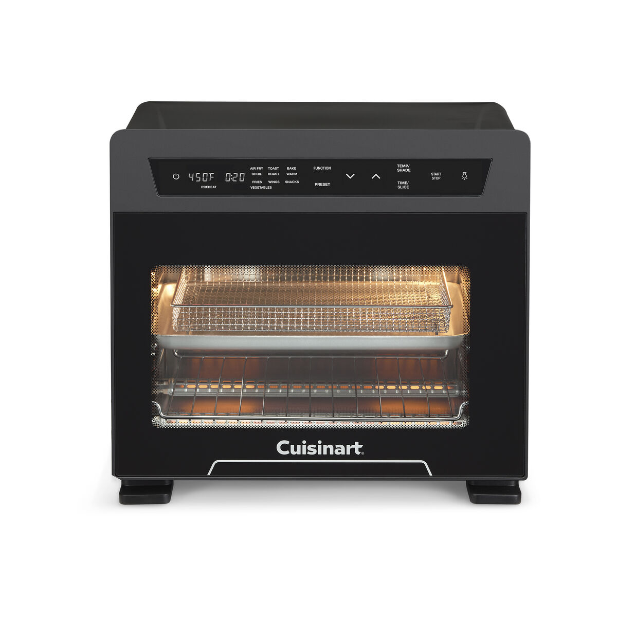 Cuisinart TOA-110 black door-front digital air-fryer oven with interior window and the basket, pan and rack visible.