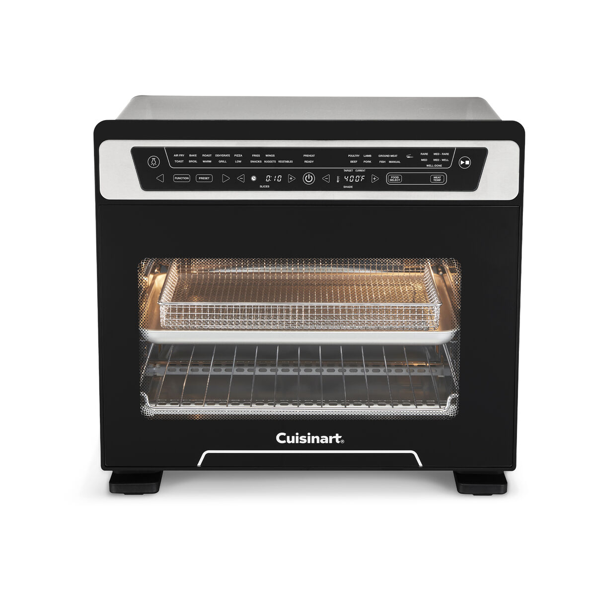 Black and stainless Cuisinart TOA-112 door-front air-fryer oven with integrated digital controls and glass viewing door
