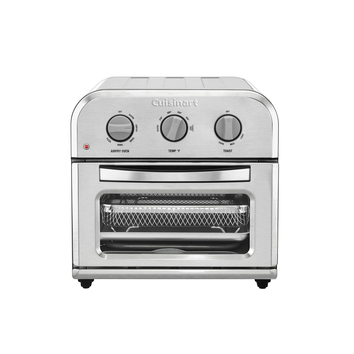 Cuisinart TOA-26 compact door-front air-fryer toaster oven with a glass viewing window, three physical dials and a basket arranged above its pan
