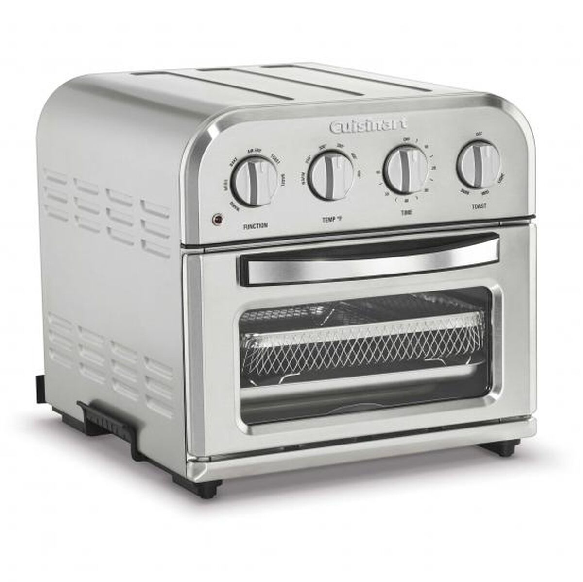 Cuisinart TOA-28 compact stainless-style air-fryer toaster oven with one glass-window cavity, four physical dials and a basket above a pan