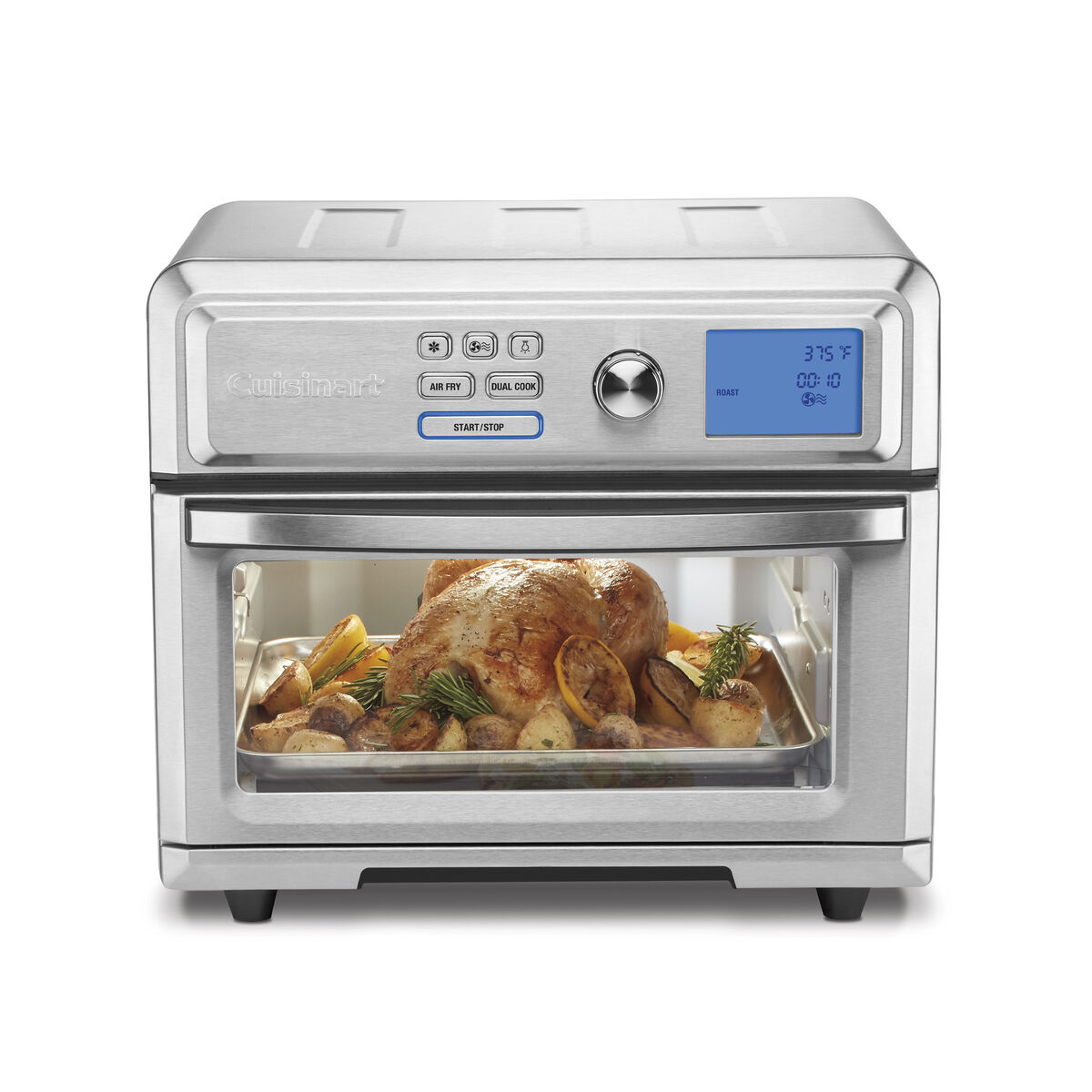 Stainless-finish Cuisinart TOA-65 digital air-fryer toaster oven with one selector dial and viewing window