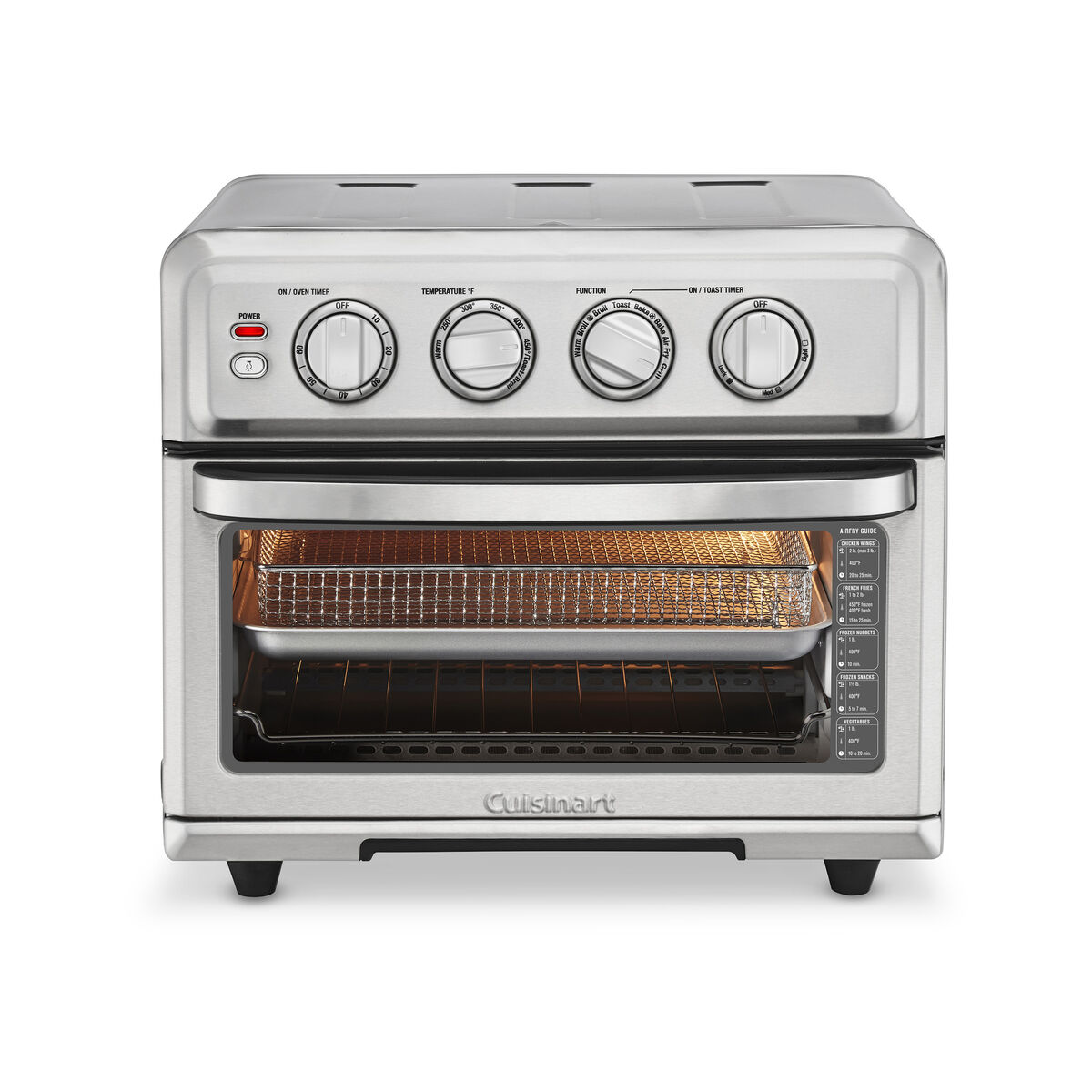 Stainless-steel Cuisinart TOA-70NAS door-front air-fryer toaster oven with four physical control dials, lighted glass door and Air Fry basket set on a tray