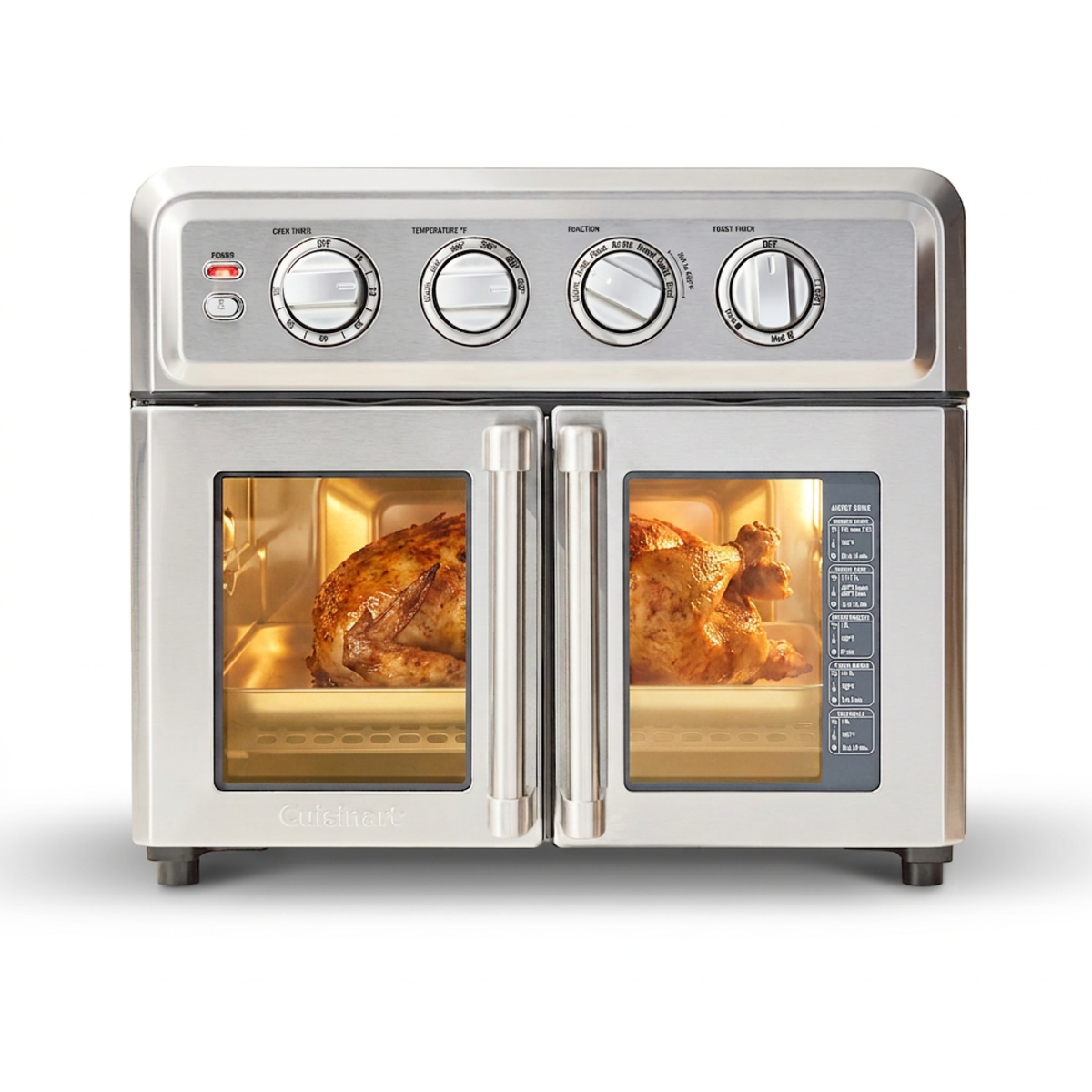 Stainless Cuisinart TOA-FD70 French-door air-fryer oven with two glass door windows and four rotary controls