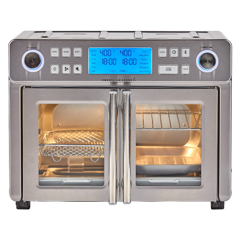 Emeril Lagasse Dual-Zone French Door AirFryer Oven with two cooking zones shown behind glass doors