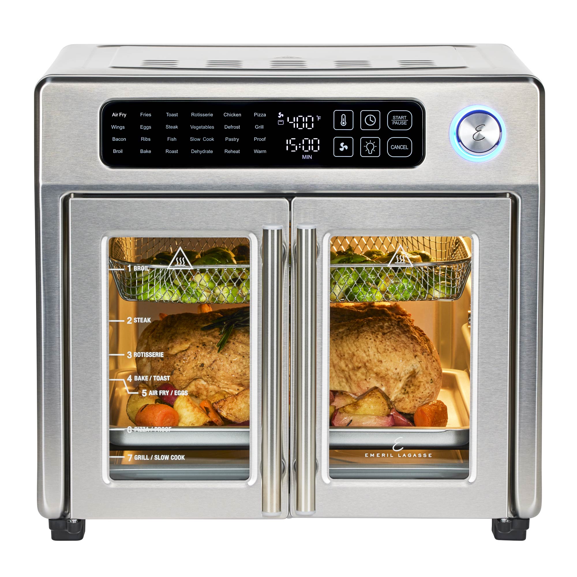 Emeril Lagasse FAFO-001 French Door AirFryer 360 countertop oven with twin glass doors, digital display and staged food