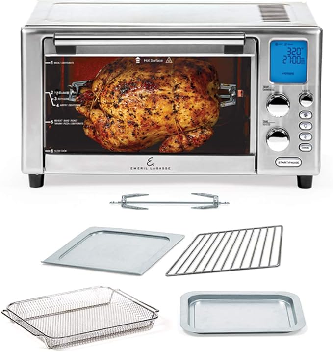 Emeril Lagasse Power AirFryer 360 countertop oven with glass door and pictured accessories