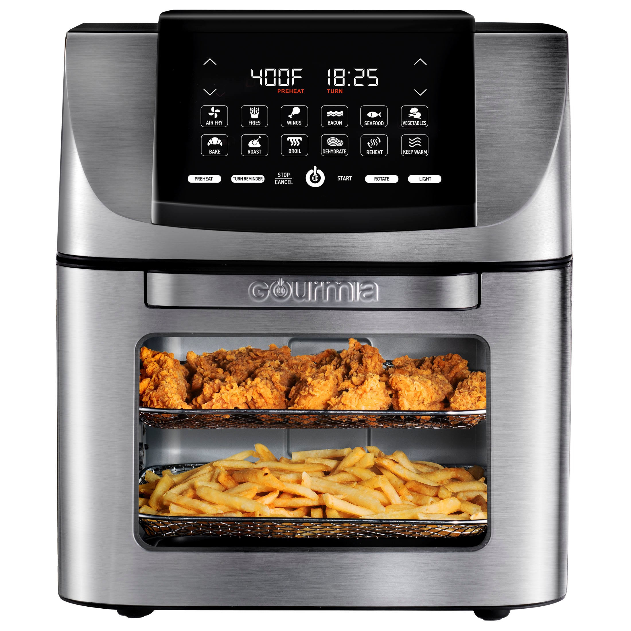 Gourmia GAF1220 stainless-finish 14-quart countertop air-fryer oven, with a dark digital panel and two mesh air-fry baskets visible through the front window.