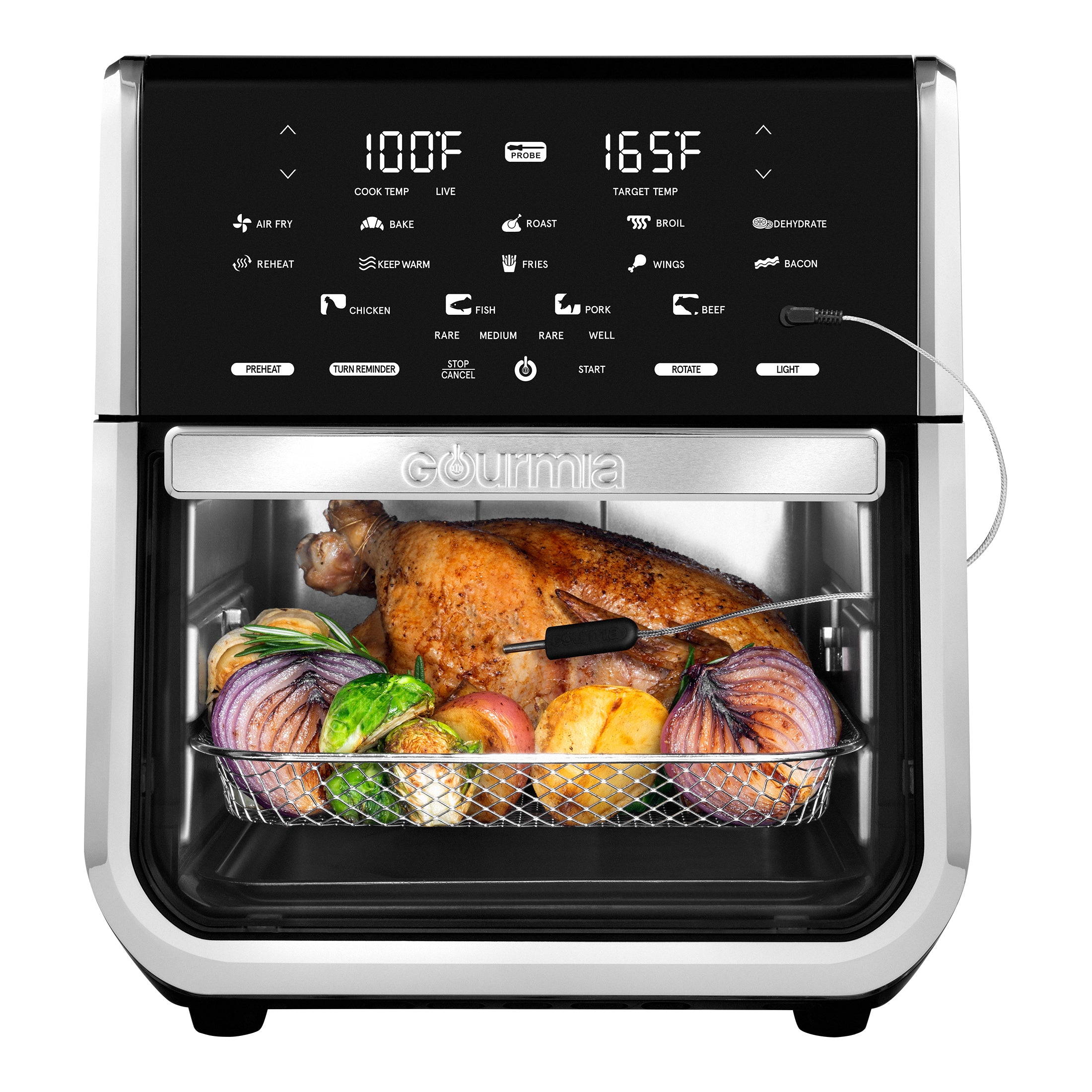 Gourmia GAF1290 black-and-silver 14-quart countertop air-fryer oven with front window and an integrated probe cable visible beside the touchscreen.